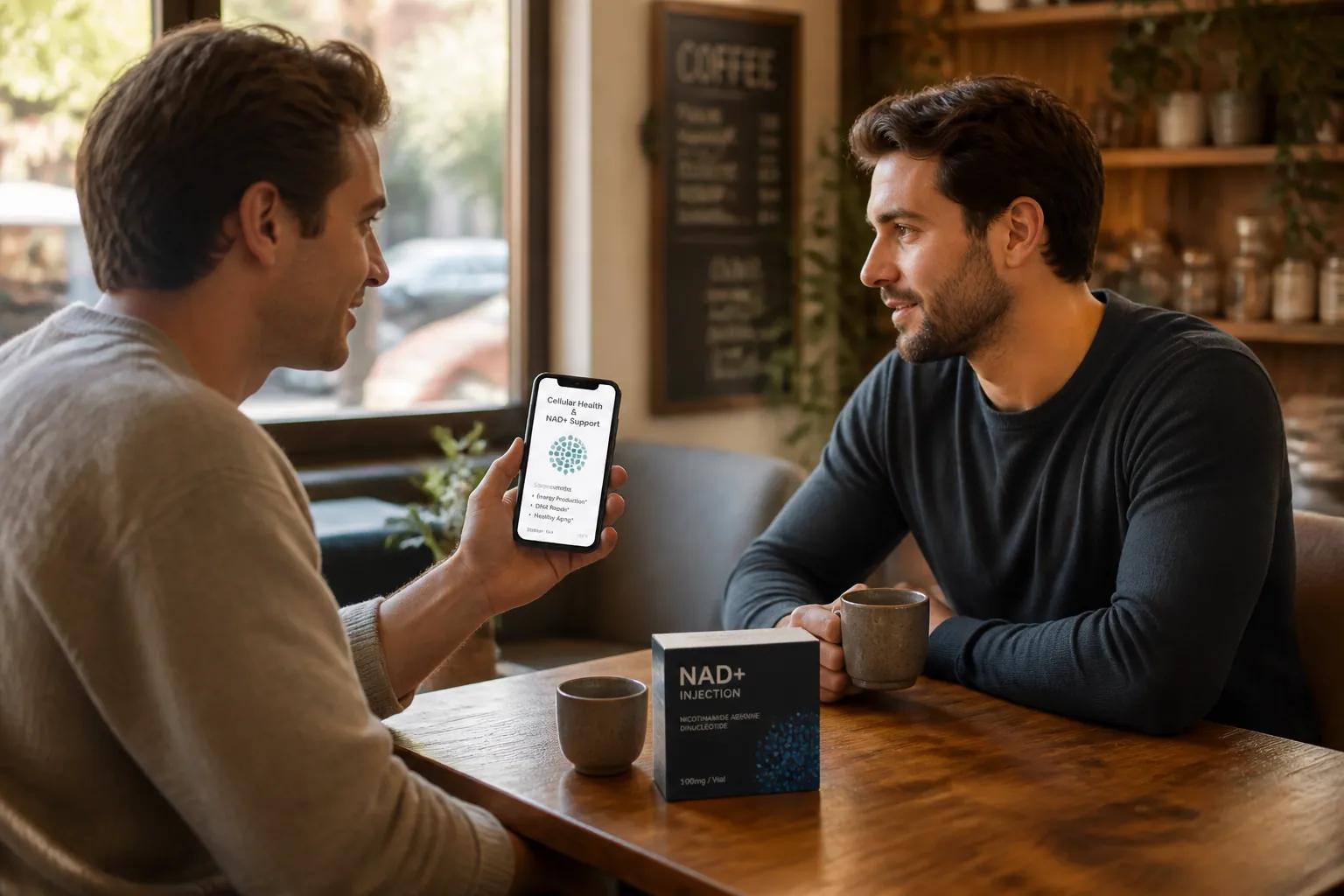 Two friends having warm conversation at a coffee shop, one showing information on phone about cellular health and NAD+ treatment