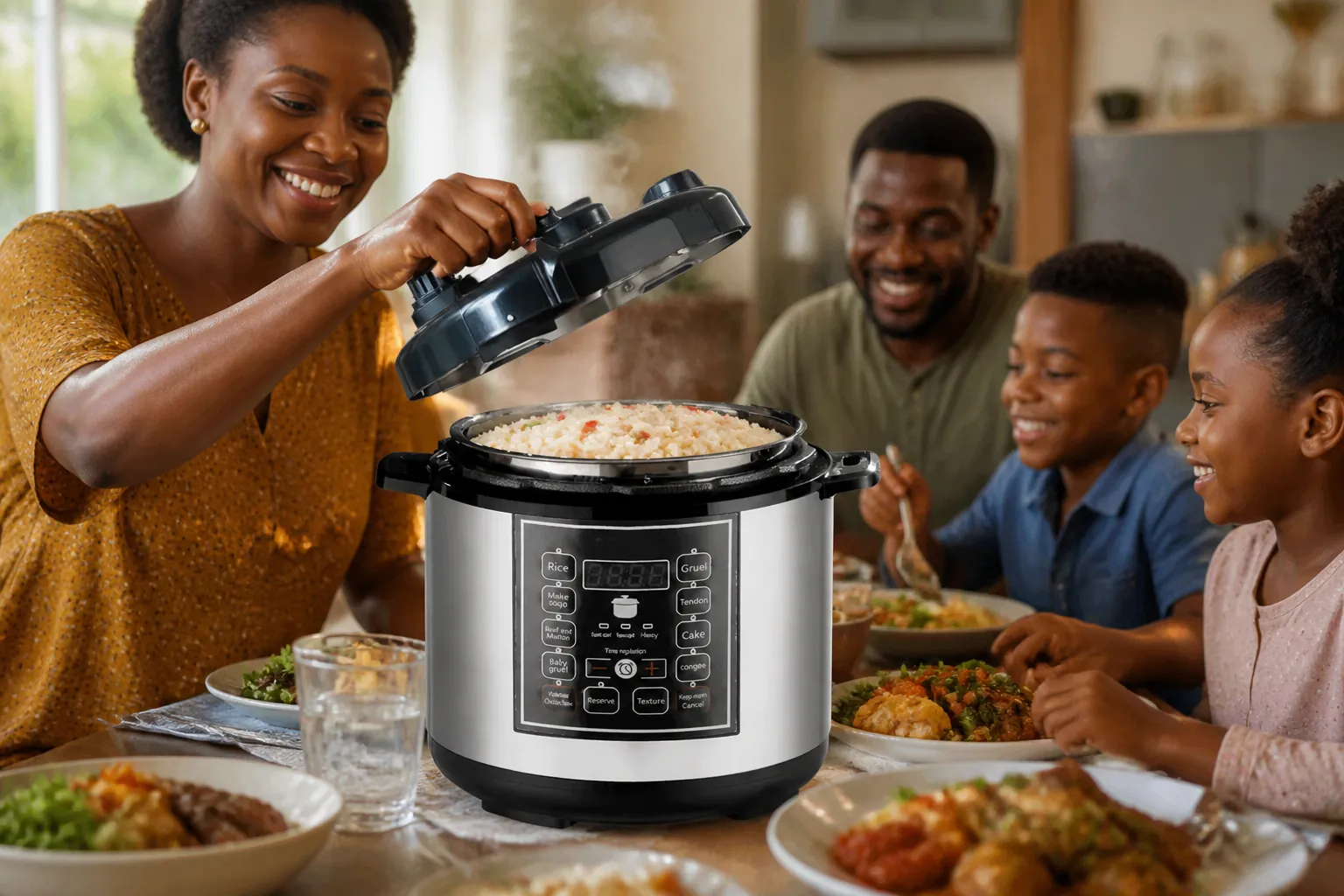 Happy family of four enjoying dinner with perfectly cooked rice on the table