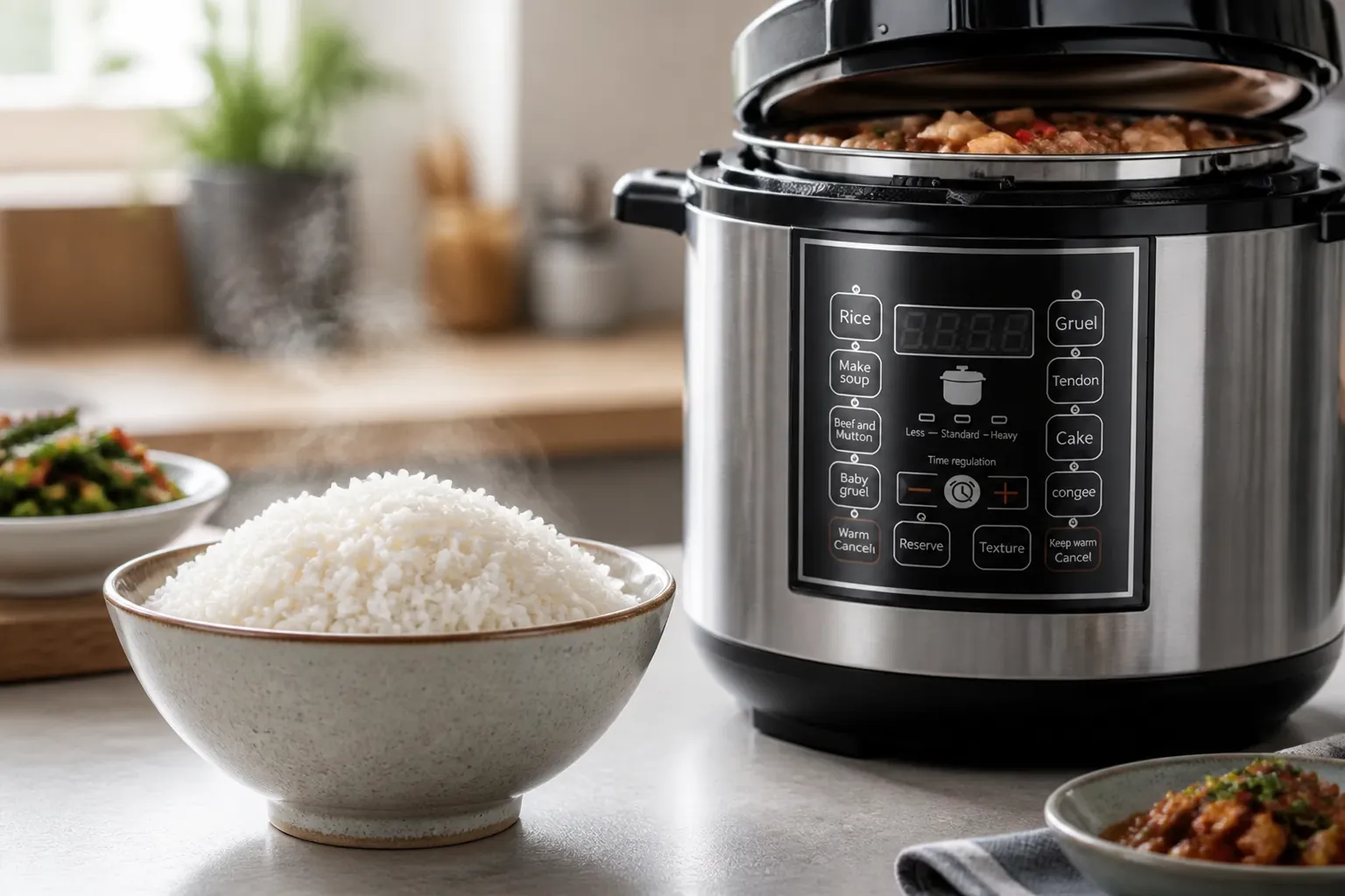Close-up of perfectly cooked fluffy white rice in a ceramic bowl with steam rising