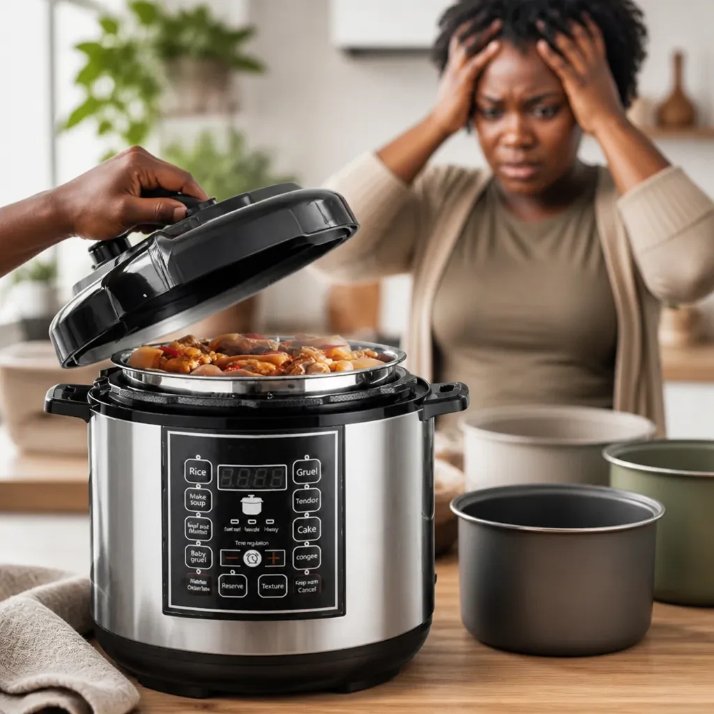 Frustrated homemaker with hands on head surrounded by cooking pots