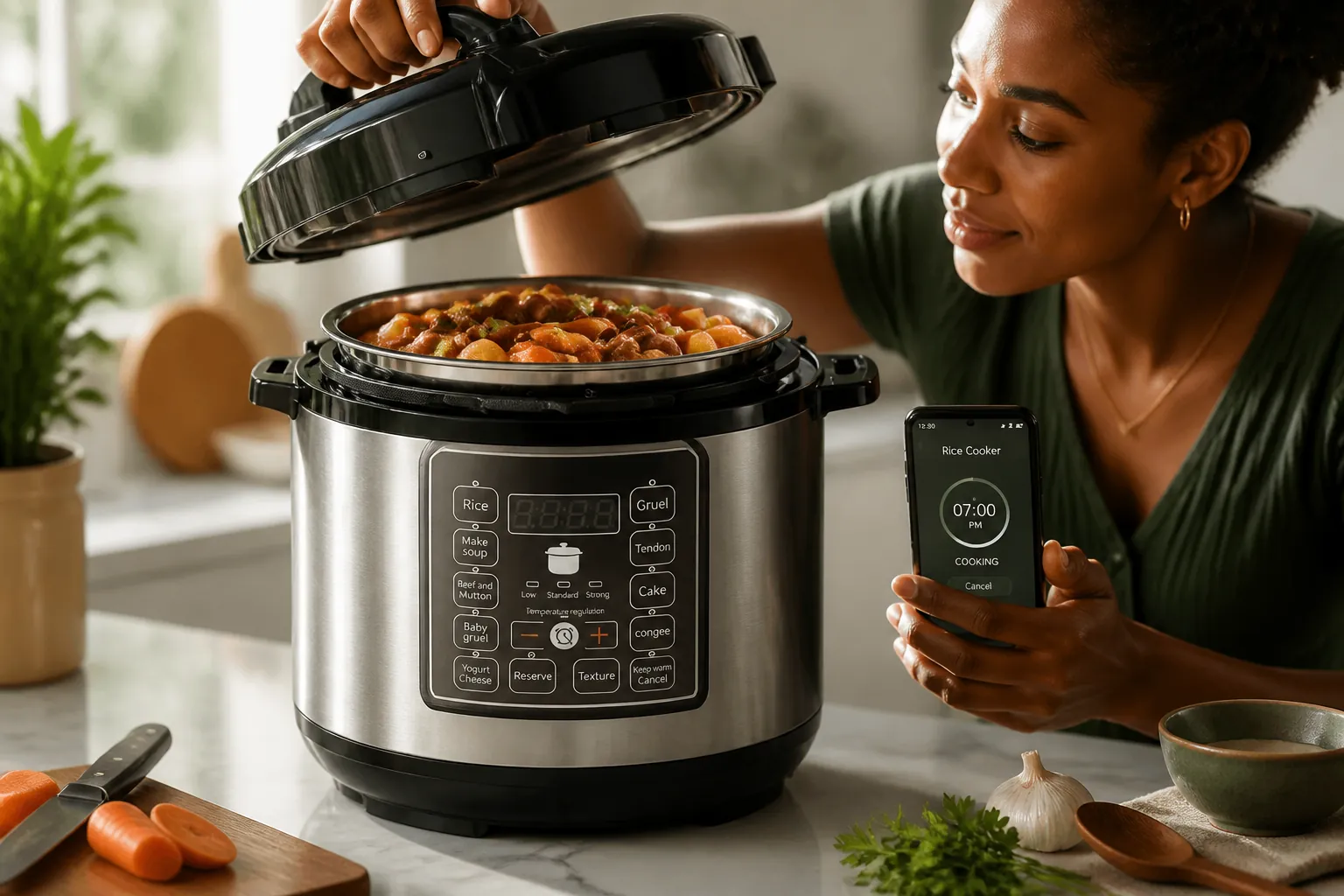 Smartphone displaying rice cooker timer app with countdown set for 7PM cooking time