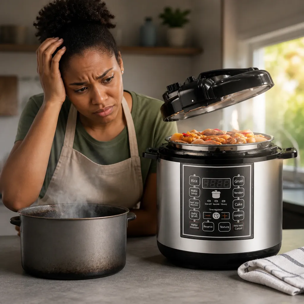 Stressed homemaker checking a burnt pot in frustration while the rice cooker in the corner shows perfectly cooked rice