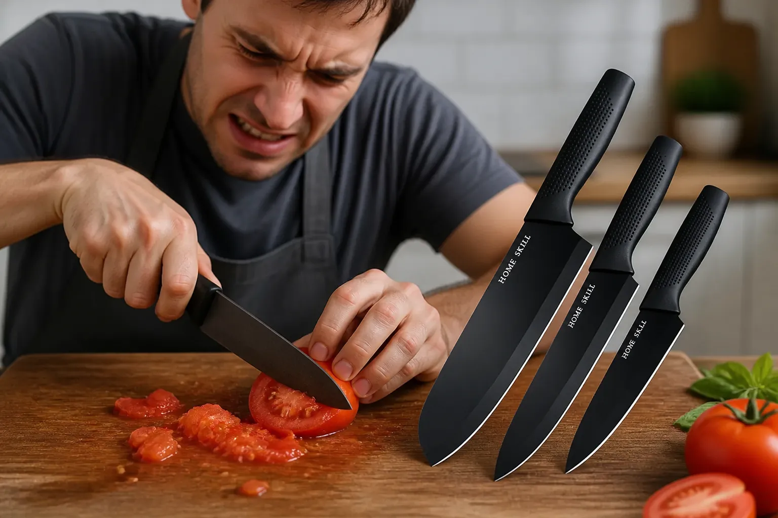 Home cook frustrated with dull kitchen knife struggling to cut through ripe tomatoes with crushed and mangled results