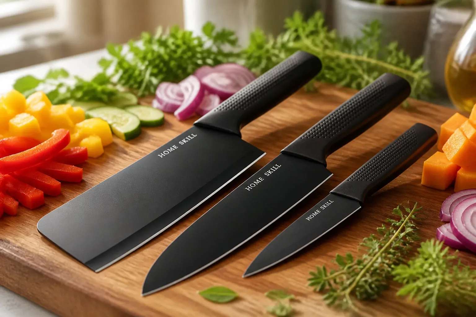 Bright airy kitchen with wooden cutting board showing freshly chopped colorful vegetables and kitchen herbs