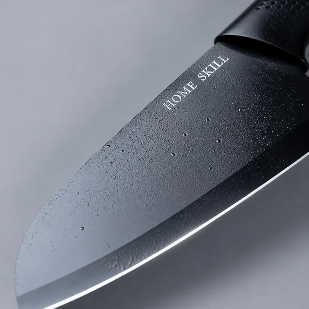 Close-up macro shot of premium knife blade showing mirror-polished precision-ground edge with visible steel quality and sharpness
