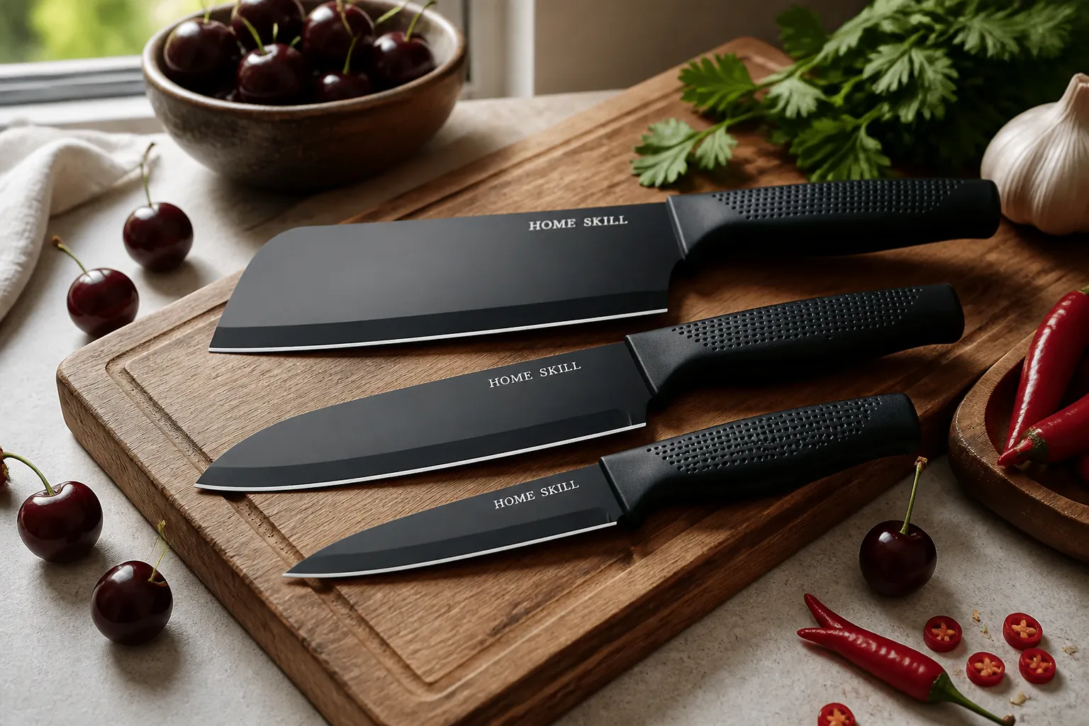 Elegant kitchen workspace with chef knife on rustic wooden board surrounded by fresh organic produce and garnishes