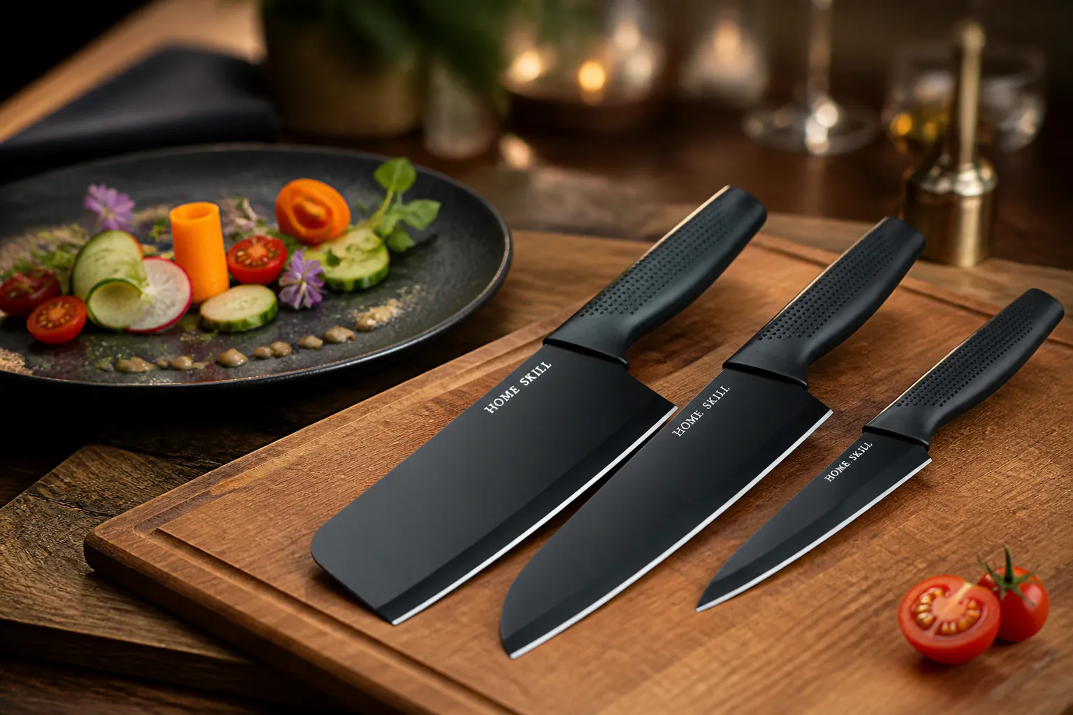 Elegant restaurant-quality dish beautifully plated showing precision-cut vegetables and professional presentation