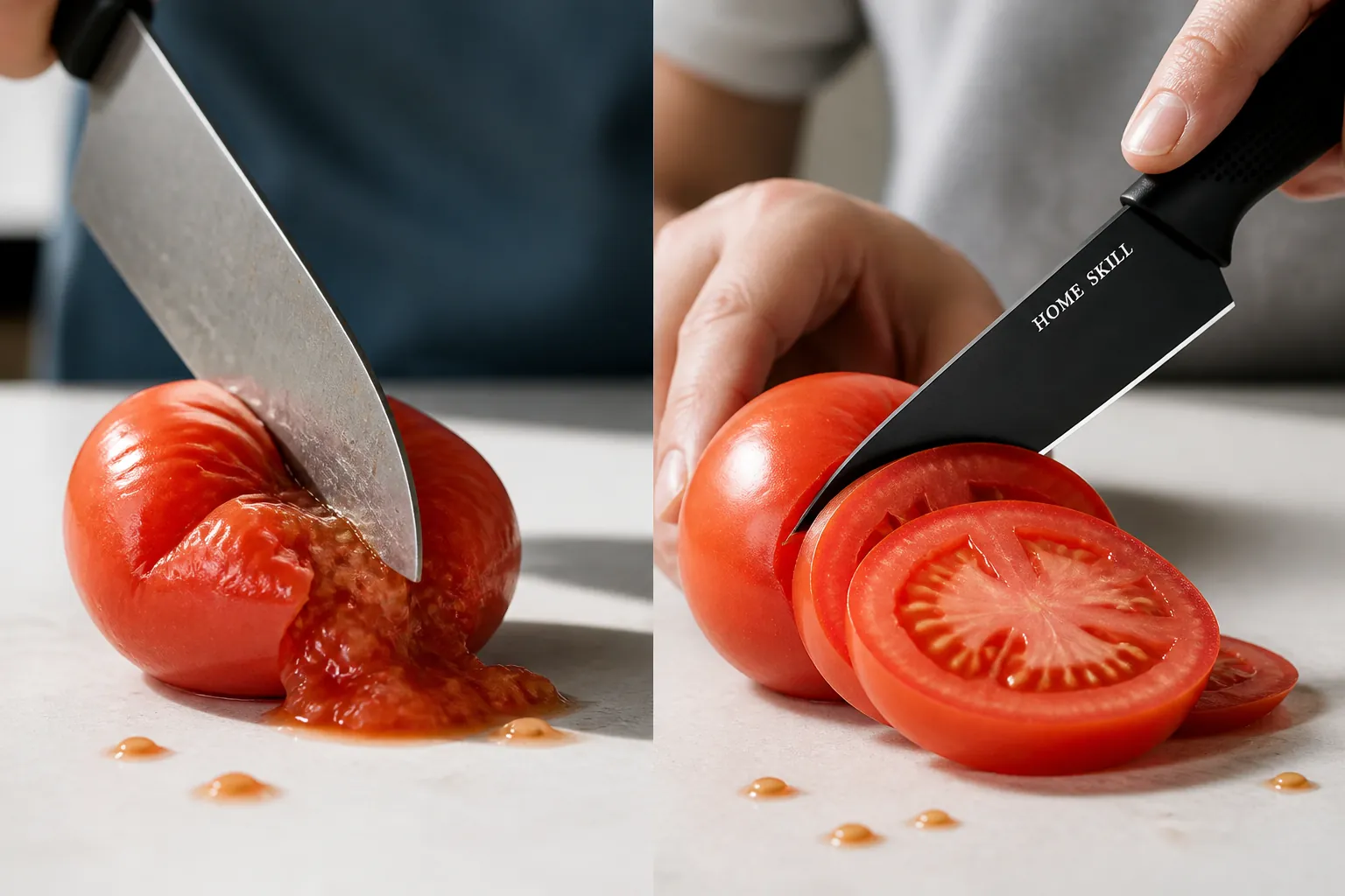 Side by side comparison showing our precision knife cleanly slicing through tomato versus ordinary knife crushing it