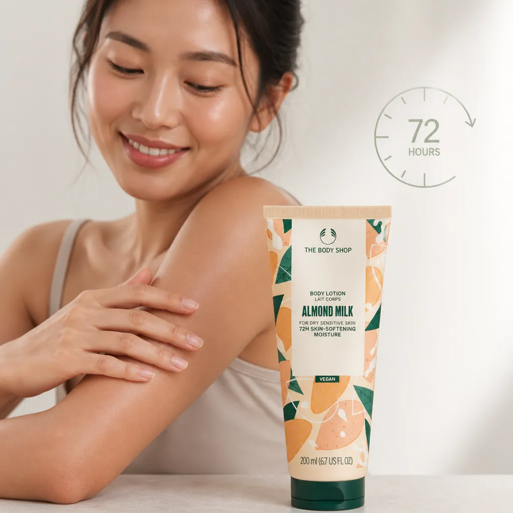 Happy woman confidently touching her smooth, glowing arm with a clock element showing 72 hours, bright natural lighting