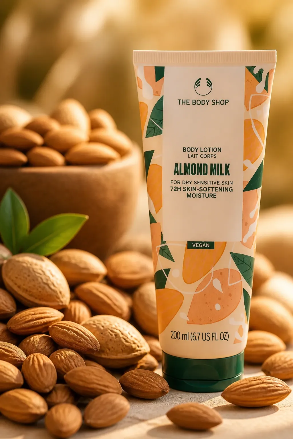 Close-up macro shot of organic almonds with soft bokeh background, warm natural lighting