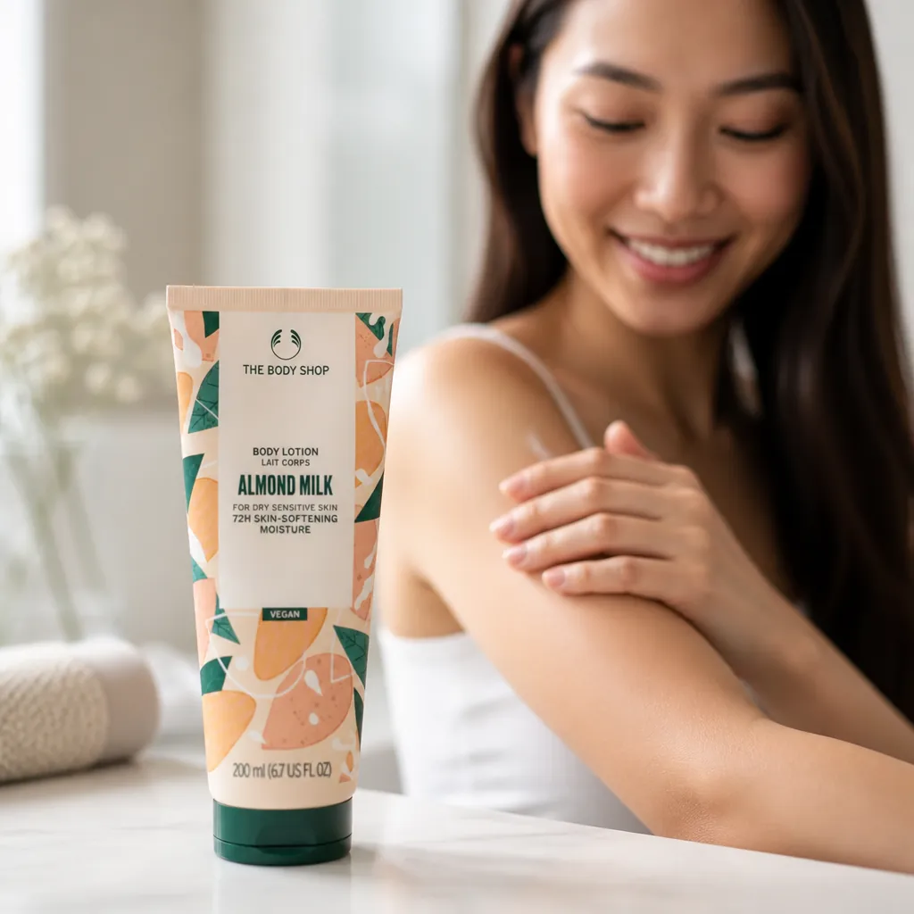 Woman touching her smooth glowing arm with happy expression, weekend setting