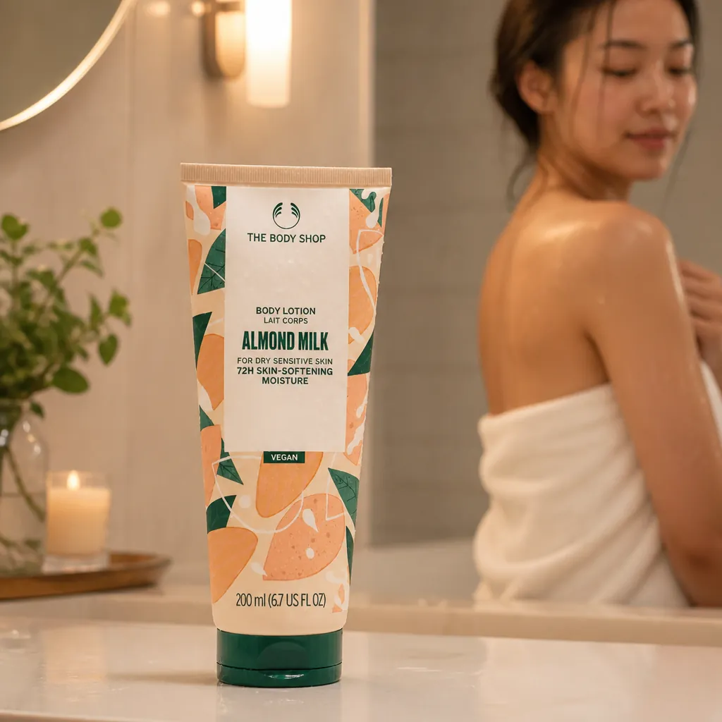 Woman stepping out of bath or shower with wet skin, soft bathroom lighting