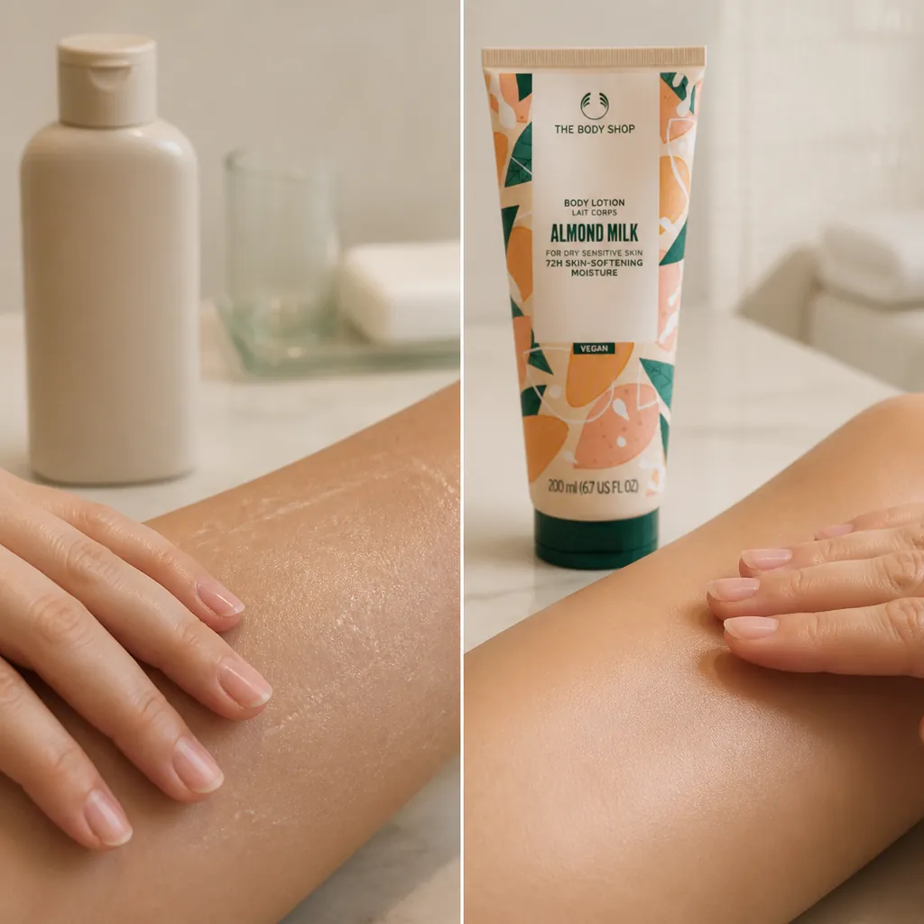 Split comparison showing sticky residue from regular lotion on left versus smooth instant absorption of almond milk lotion on right, with skin texture detail