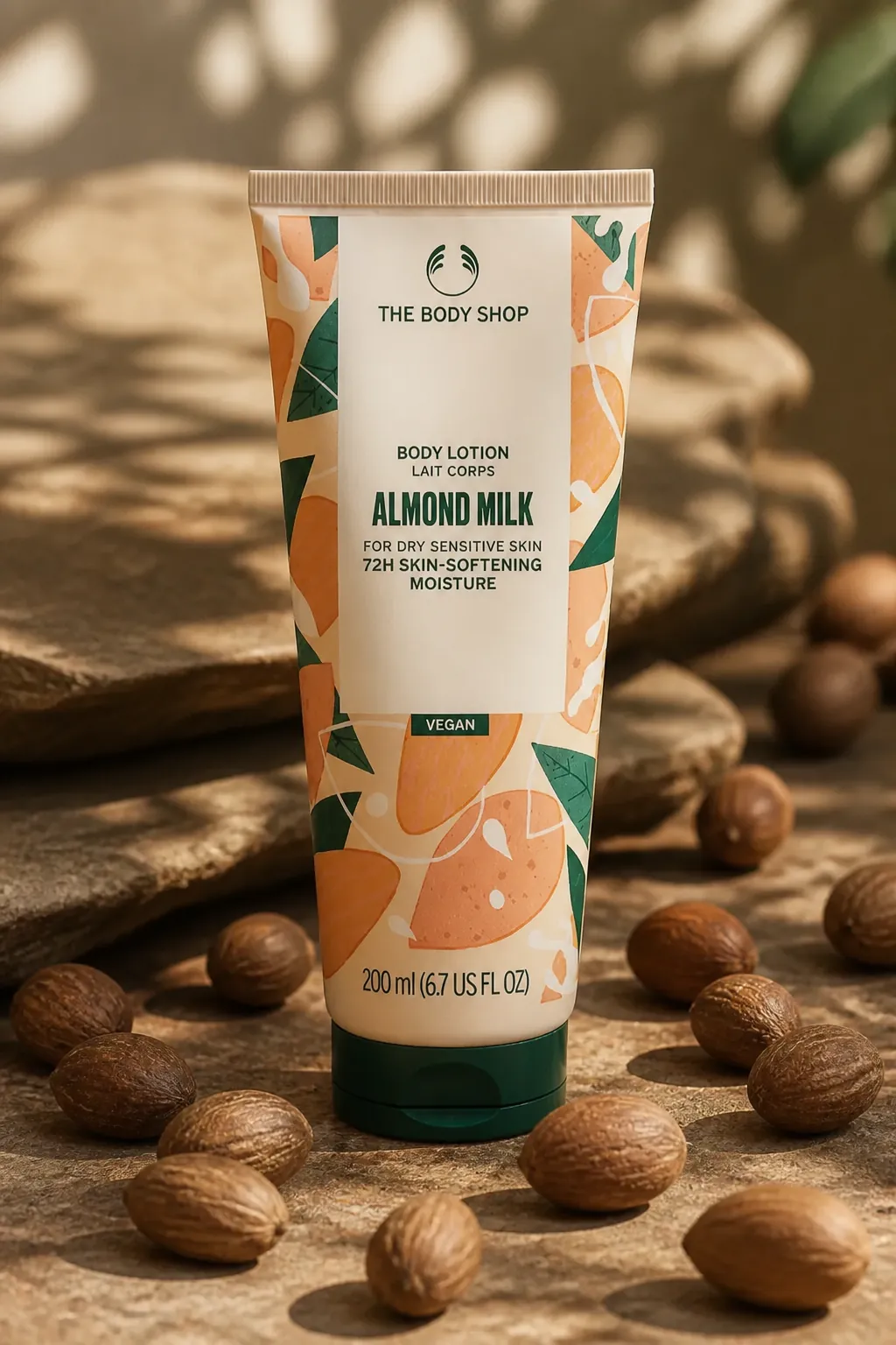 Raw shea nuts arranged on natural surface with soft shadows, earthy tones