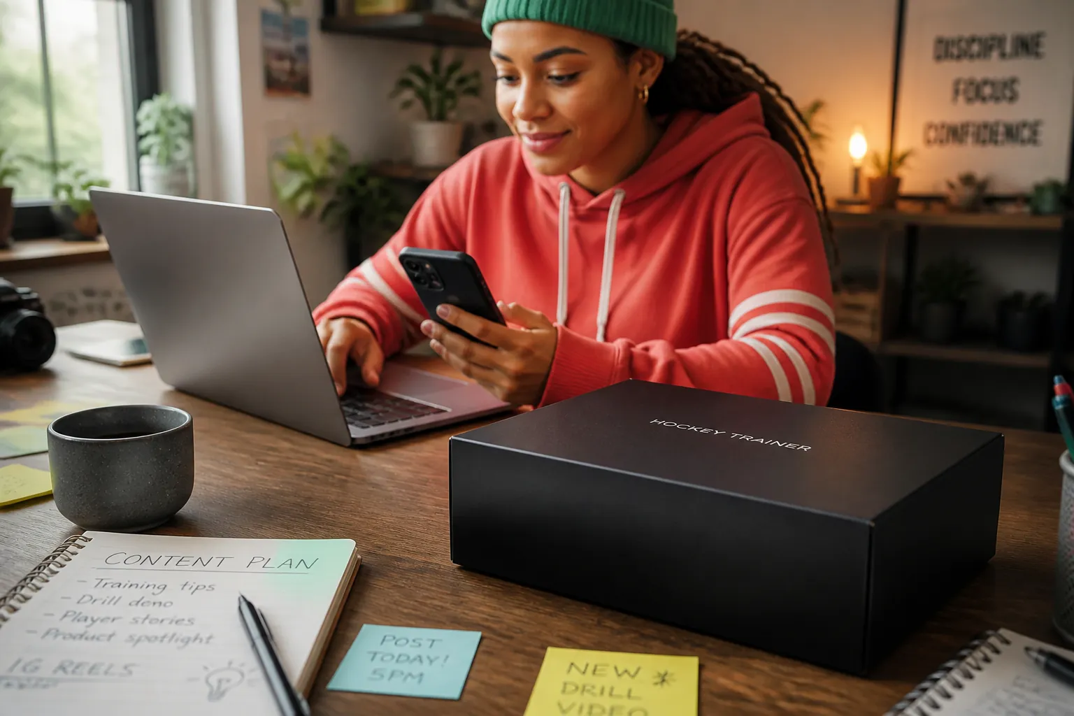 Social media influencer creating engaging content for Instagram with laptop and smartphone at creative workspace