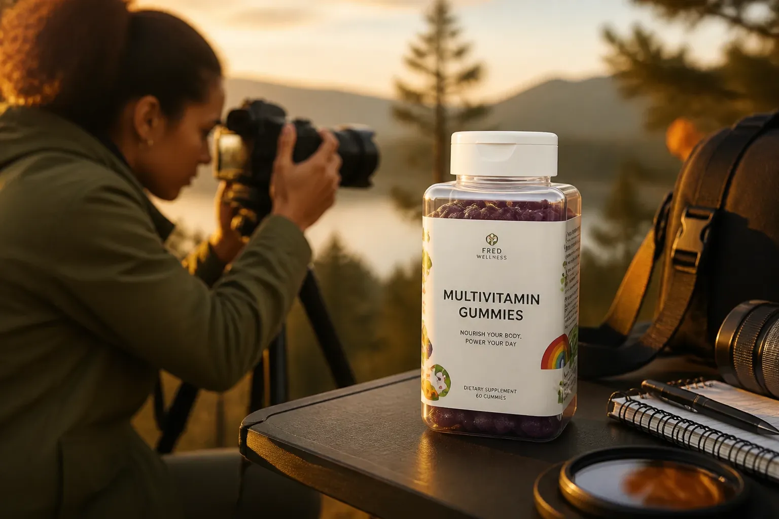 Professional photographer capturing stunning landscape at golden hour using camera equipment for Adobe Stock portfolio