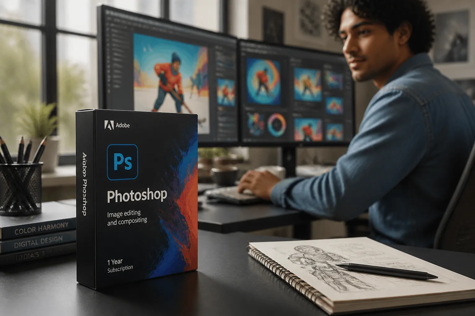 Professional designer sitting at a modern workspace with dual monitors showing vibrant creative project with colorful graphics and photo edits