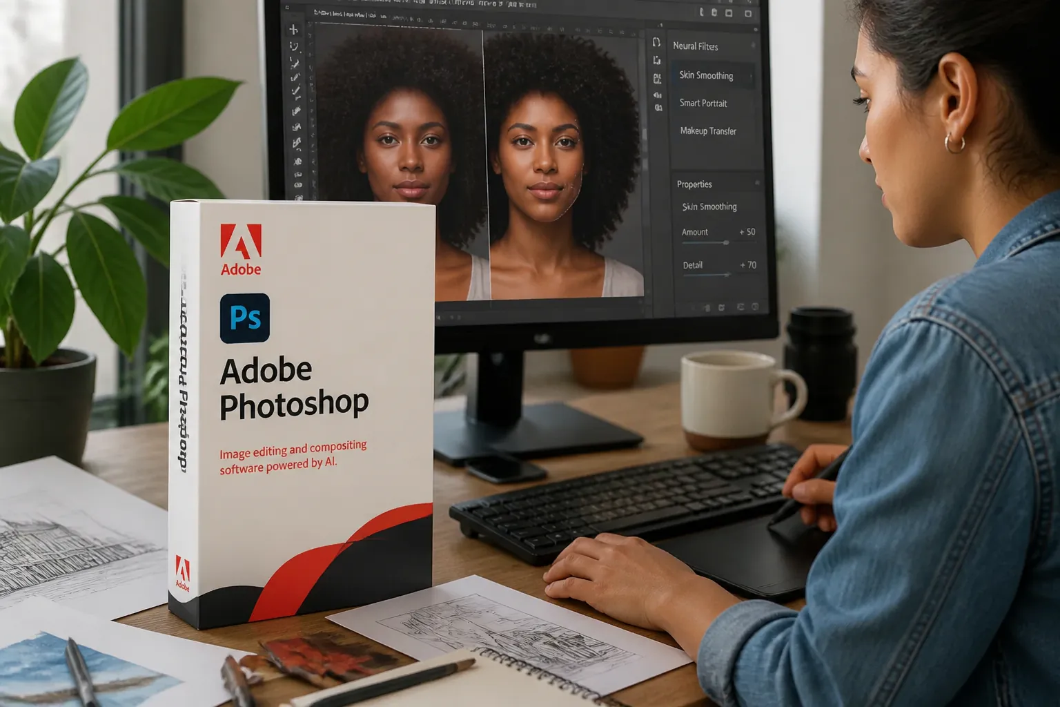 Creative professional using AI-powered Photoshop tools to enhance portrait with smart selection and neural filters on a modern workstation