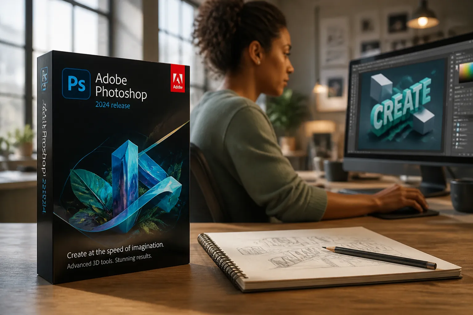 Designer creating 3D typography and product mockups using Photoshop extended 3D tools with realistic lighting and materials