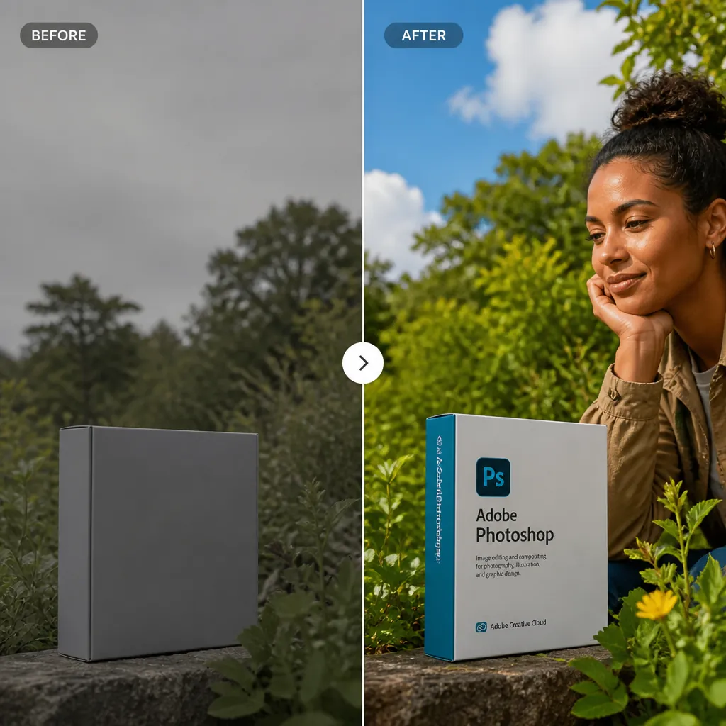 Dramatic landscape photo transformation showing before and after color grading with enhanced sky and foliage saturation