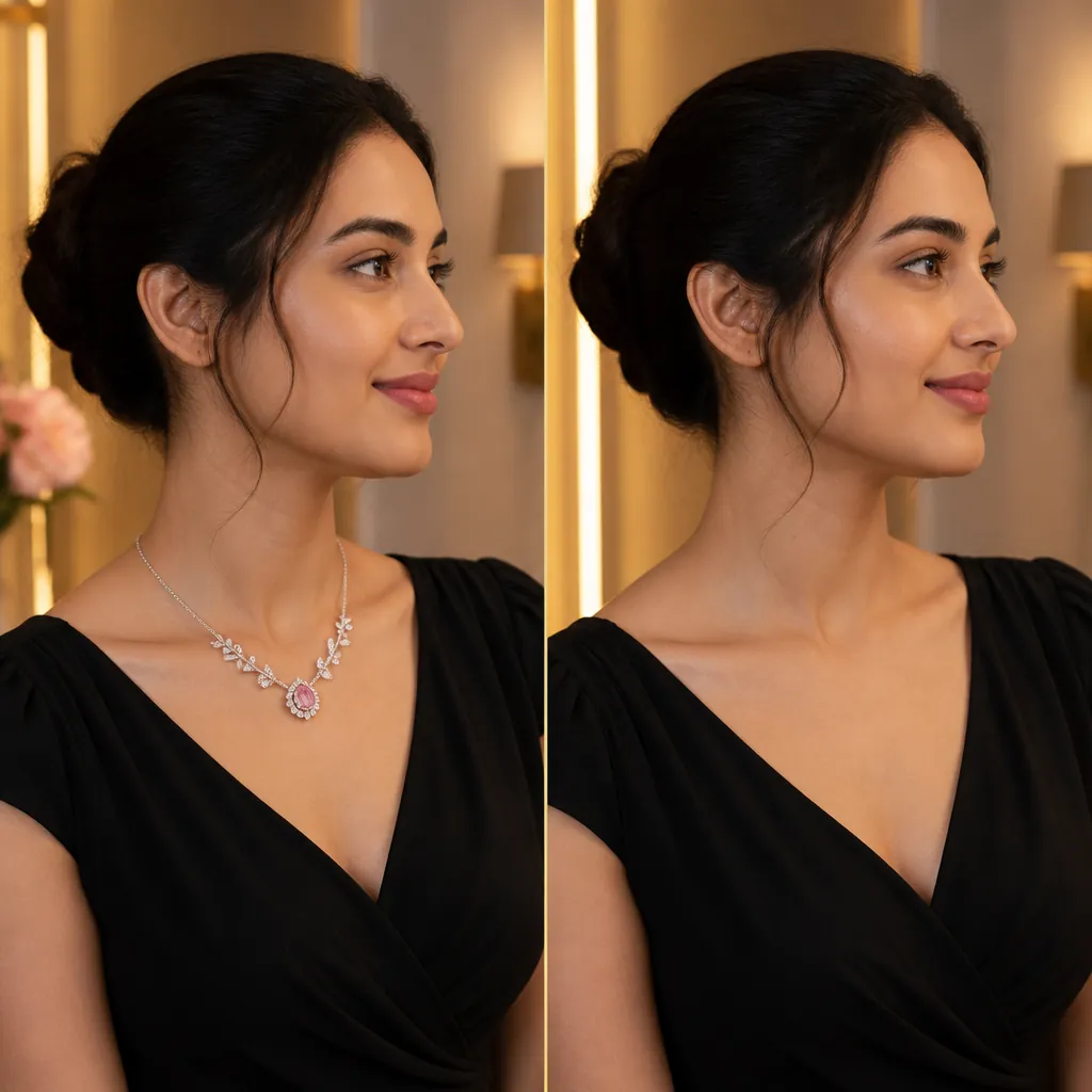 Two side-by-side images showing a woman in a simple black dress without accessories versus the same woman wearing the Blooming Romance necklace, looking stunning