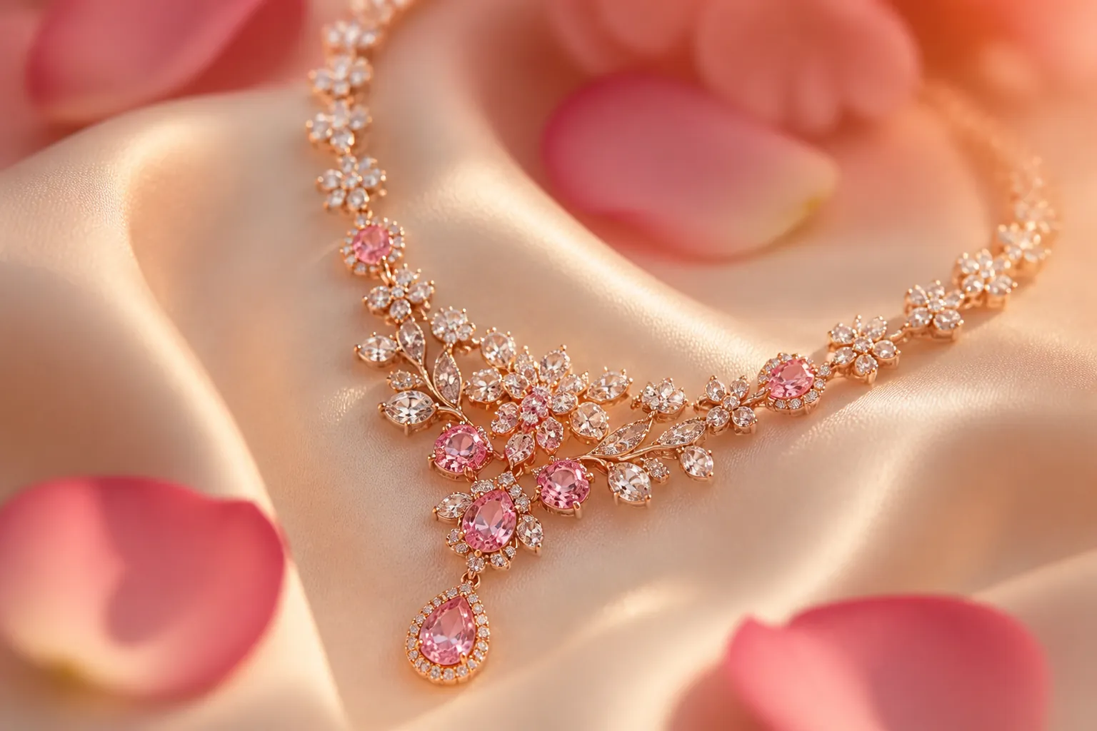Blooming Romance necklace featuring beautiful pink stones that emit a warm romantic glow