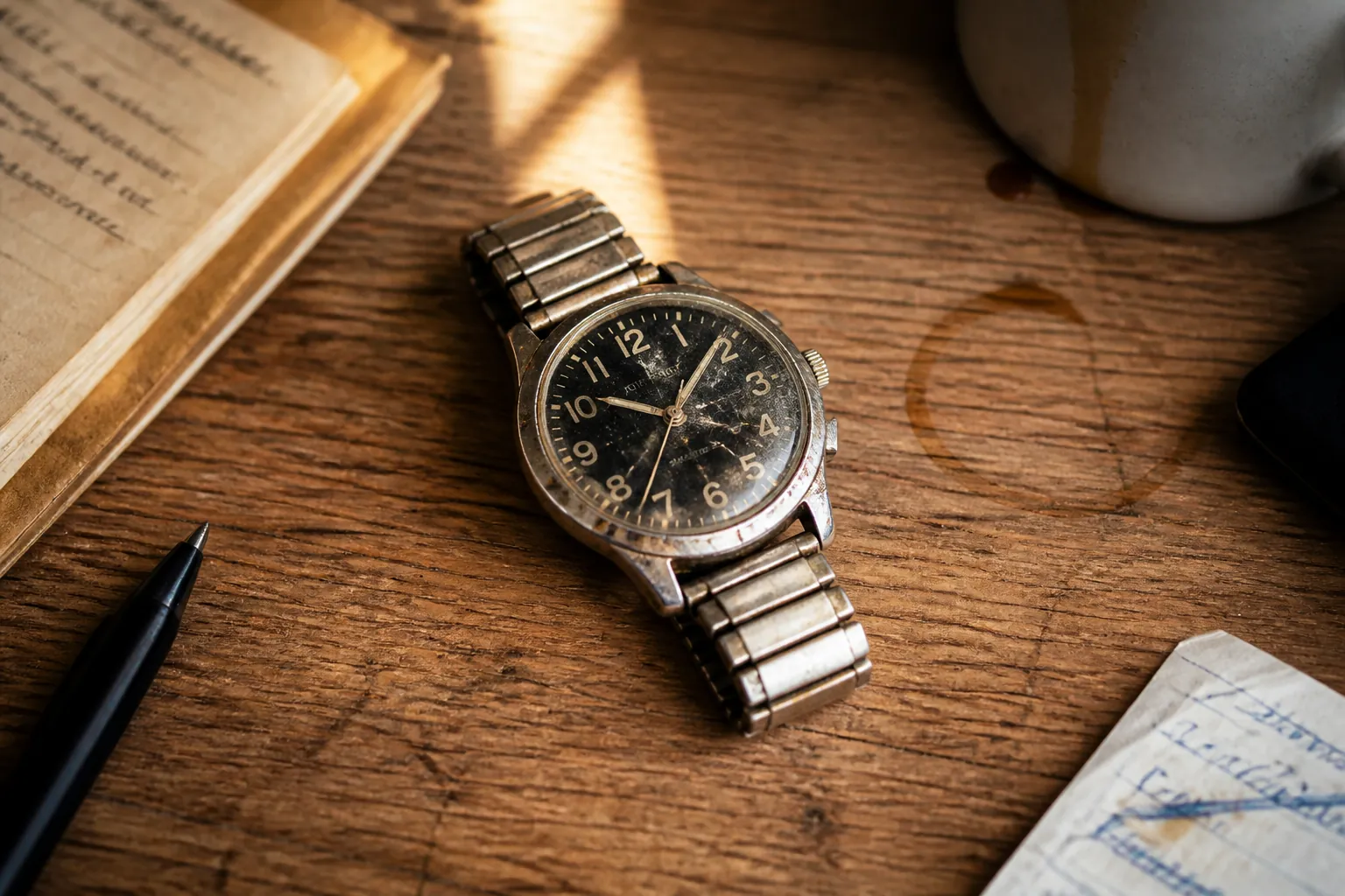 Discarded cheap watch with cracked glass lens and coffee stain on wooden desk surface in morning light