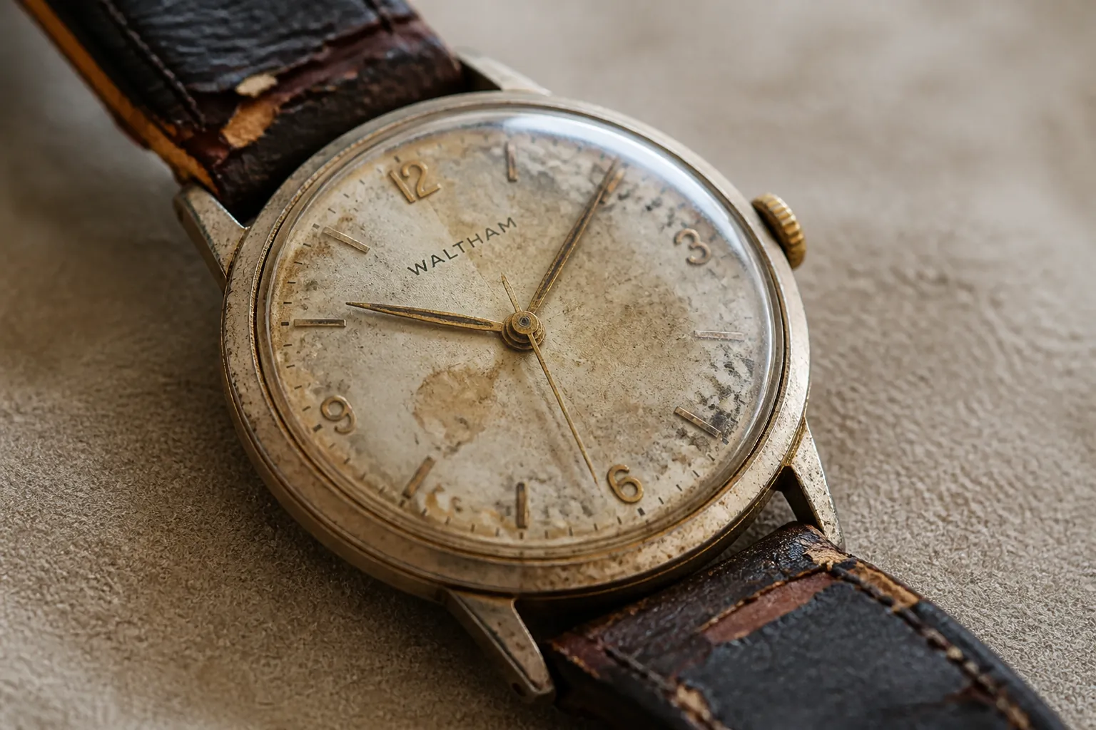 Timeline graphic showing dress watch with peeling leather band and water damaged dial