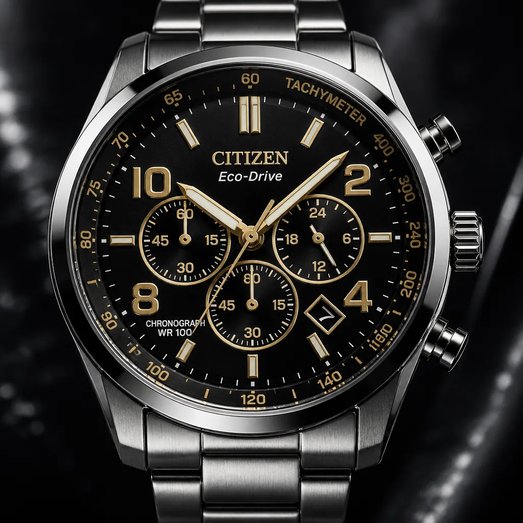 Premium hero shot of Citizen AN8230-59E chronograph featuring bold black dial with gold accents, stainless steel case and bracelet in dramatic studio lighting