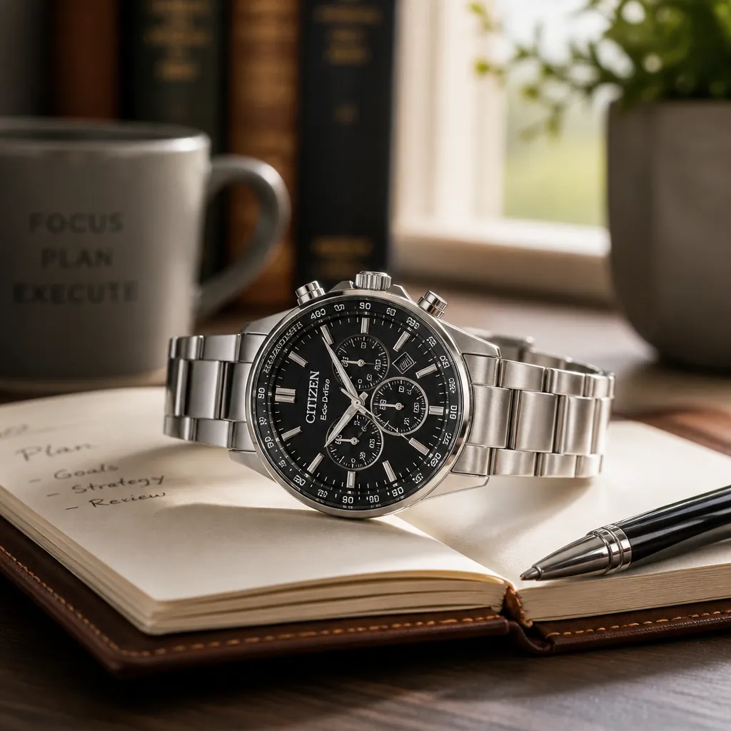 Final hero product image of Citizen AN8230-59E chronograph in elegant presentation, showcasing the bold black dial with gold chronograph subdials and stainless steel bracelet