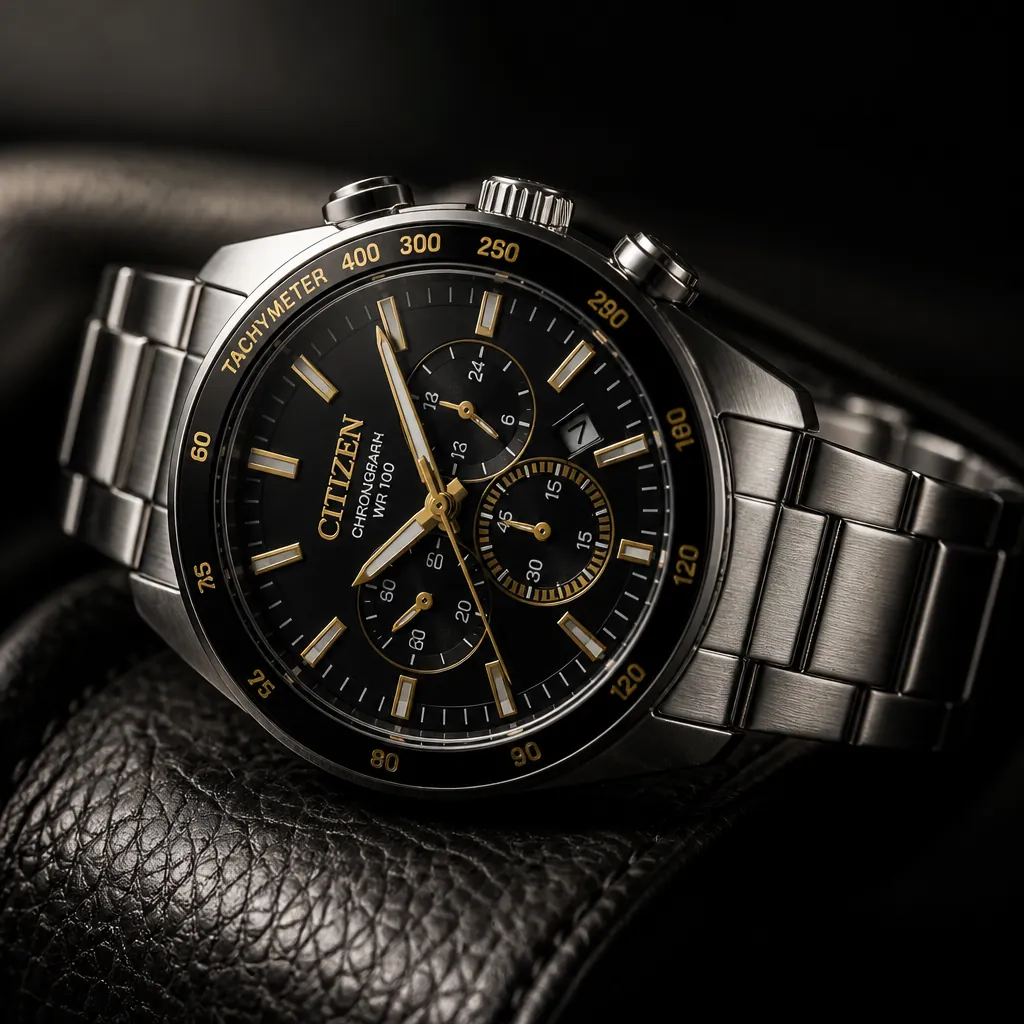 Citizen AN8230-59E chronograph watch with bold black dial and gold accents displayed on dark leather surface with dramatic studio lighting