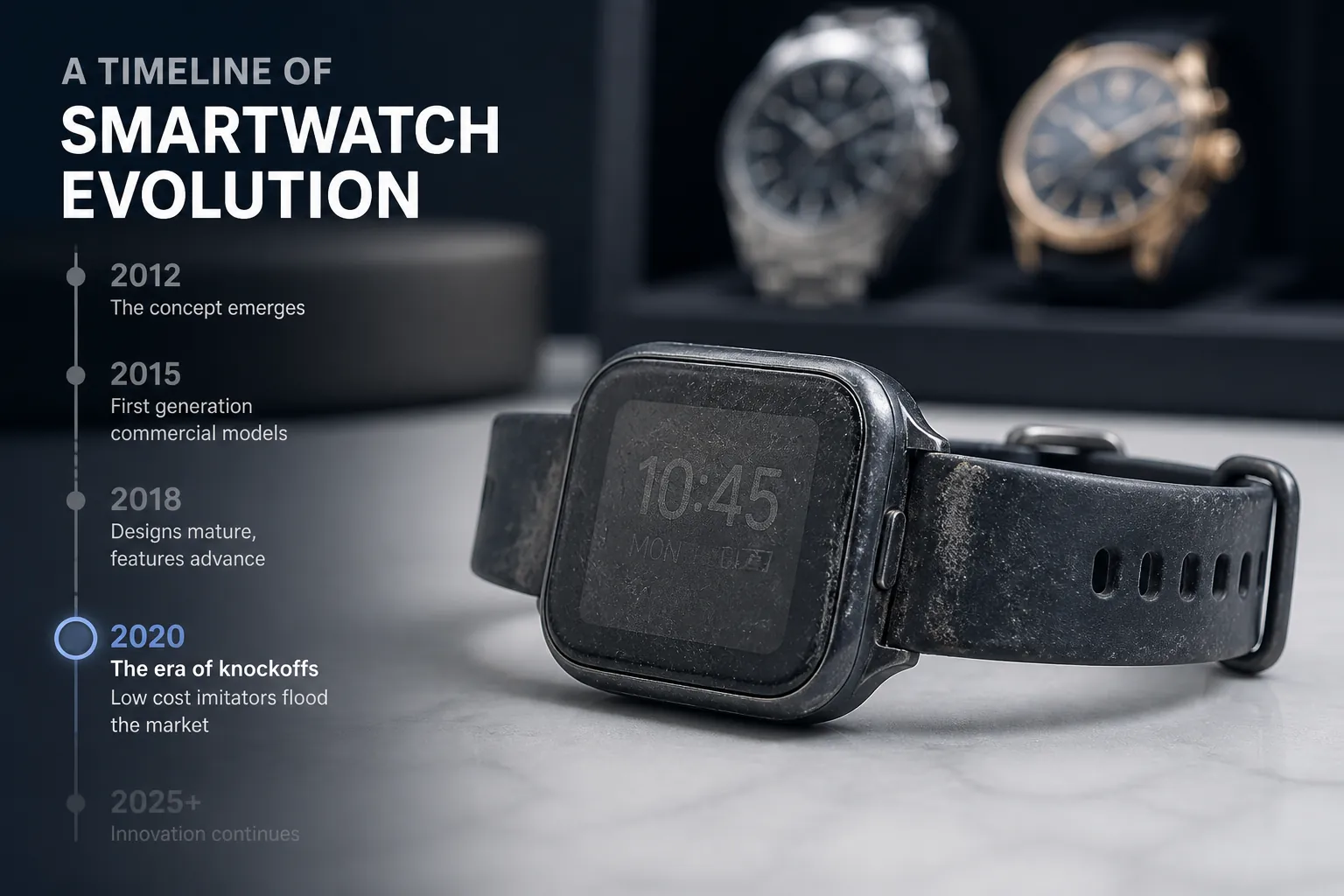 Timeline graphic showing scratched smart watch knockoff with faded screen and worn silicone band
