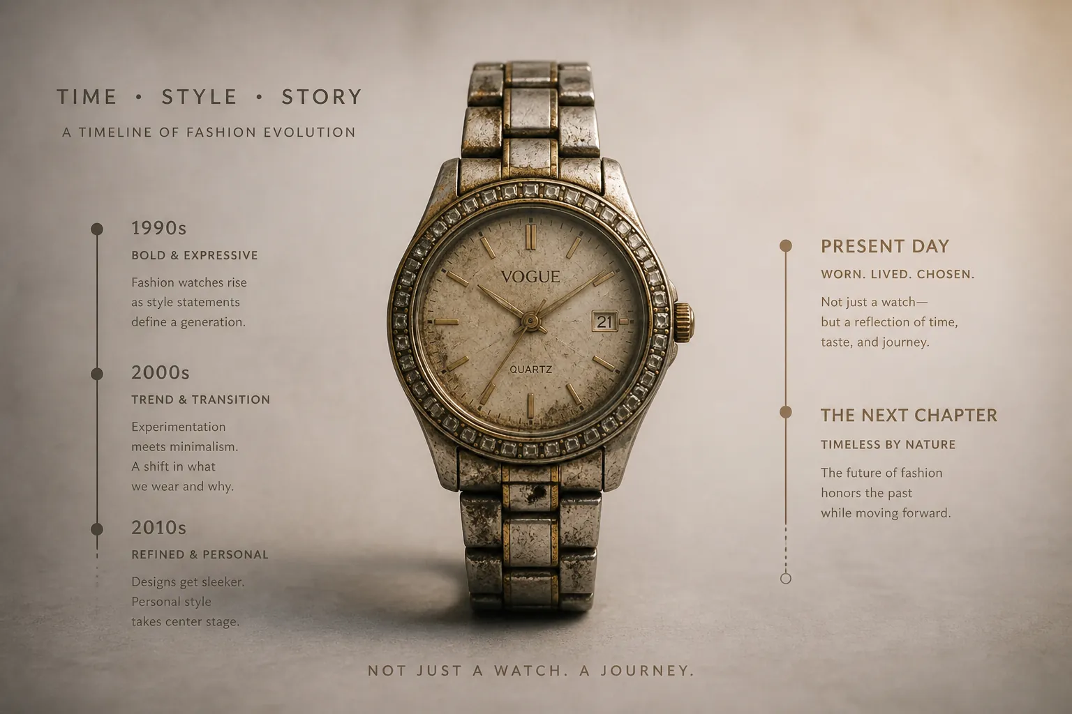 Timeline graphic showing worn fashion watch with visible damage and tarnished metal band