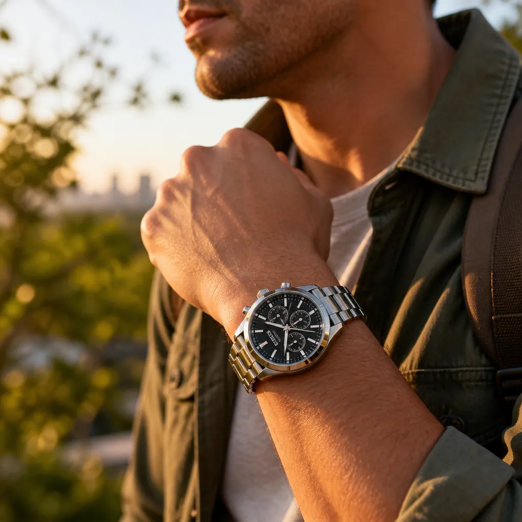 Author Michael wearing the Citizen chronograph in everyday life - casual smart casual outfit at a coffee shop with warm natural lighting