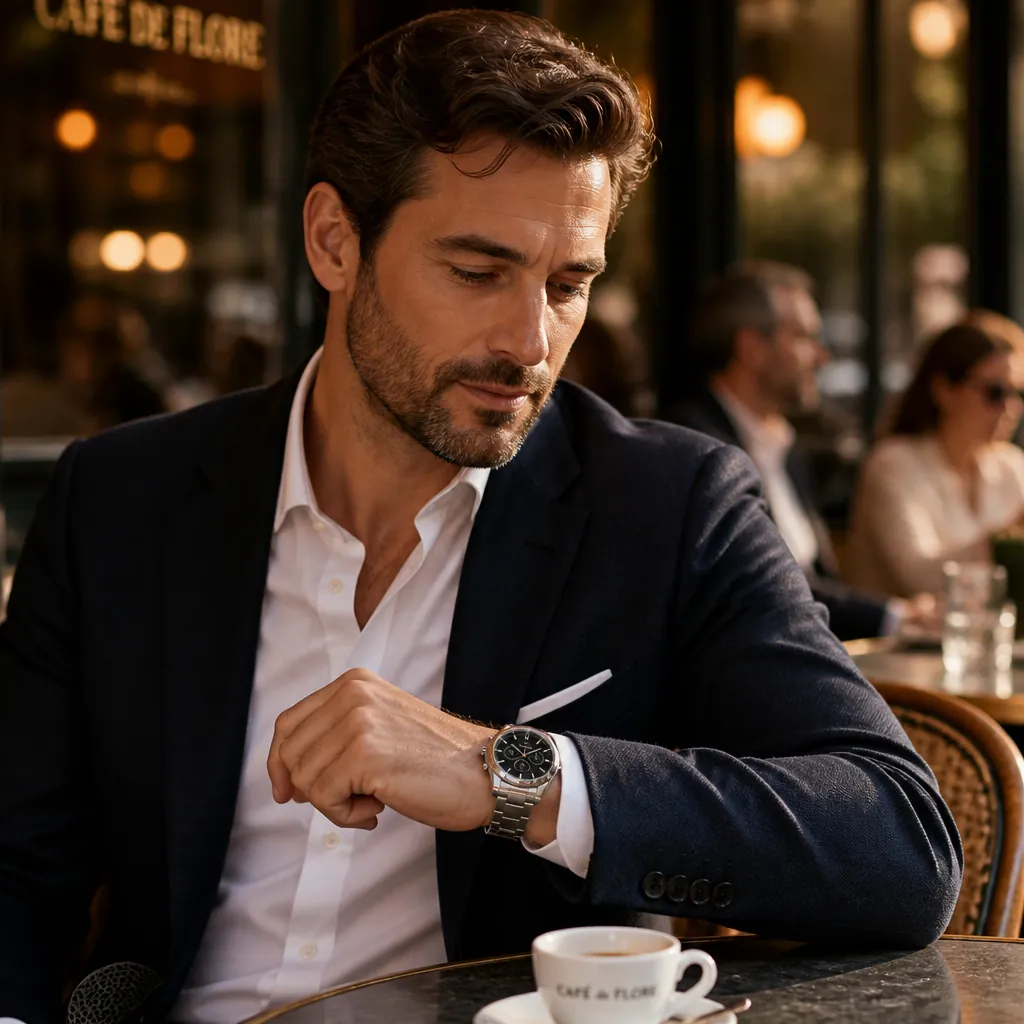 Well-dressed professional man wearing the Citizen chronograph in an upscale cafe with warm afternoon light