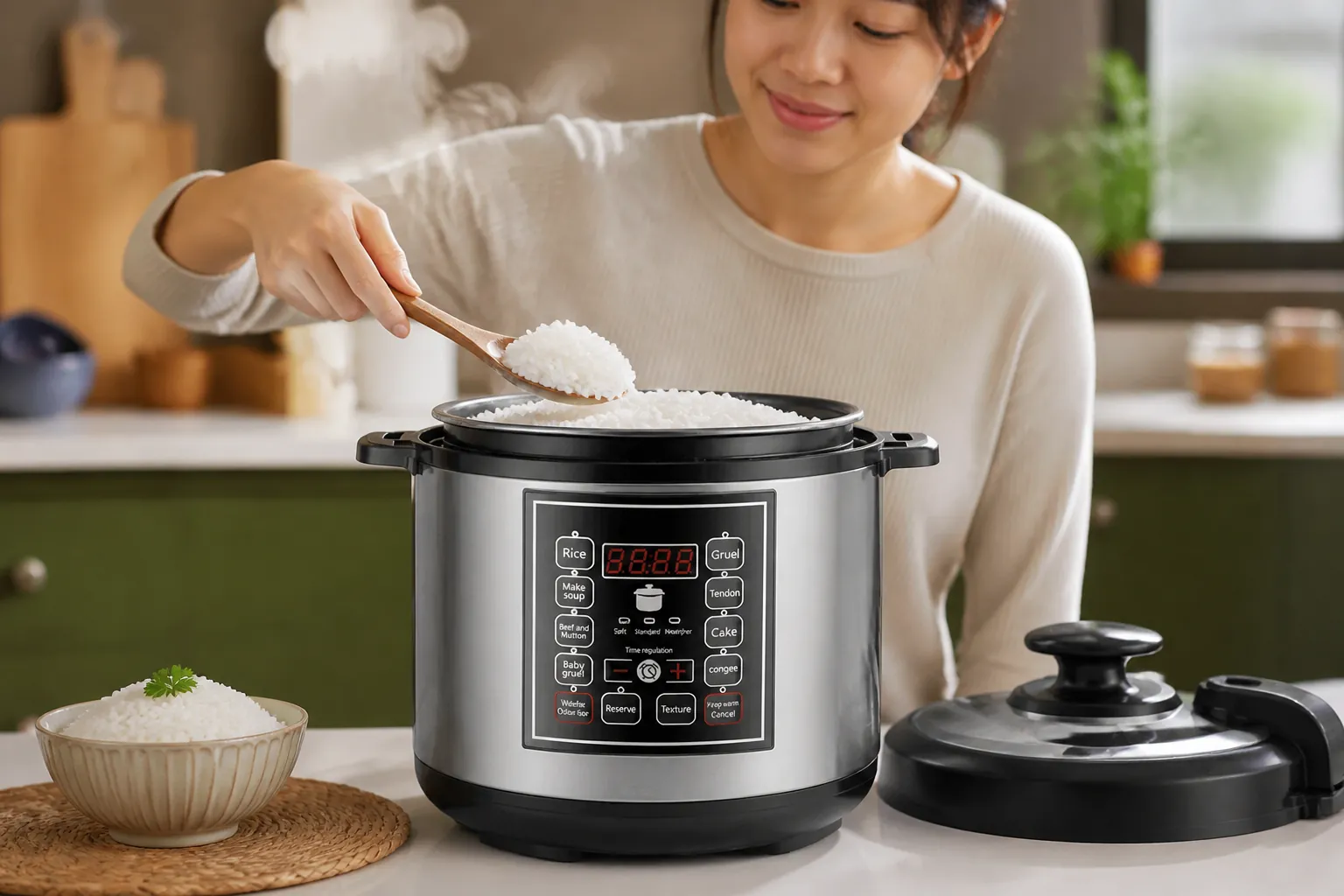 Fluffy perfectly cooked long-grain basmati rice in a glossy pressure cooker with each grain separate and glistening