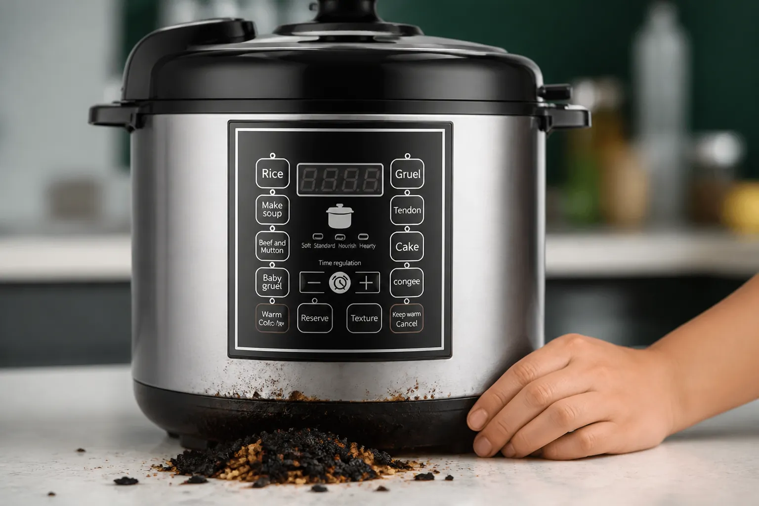Close-up of burnt rice at the bottom of a traditional pressure cooker showing black scorched grains that are completely inedible