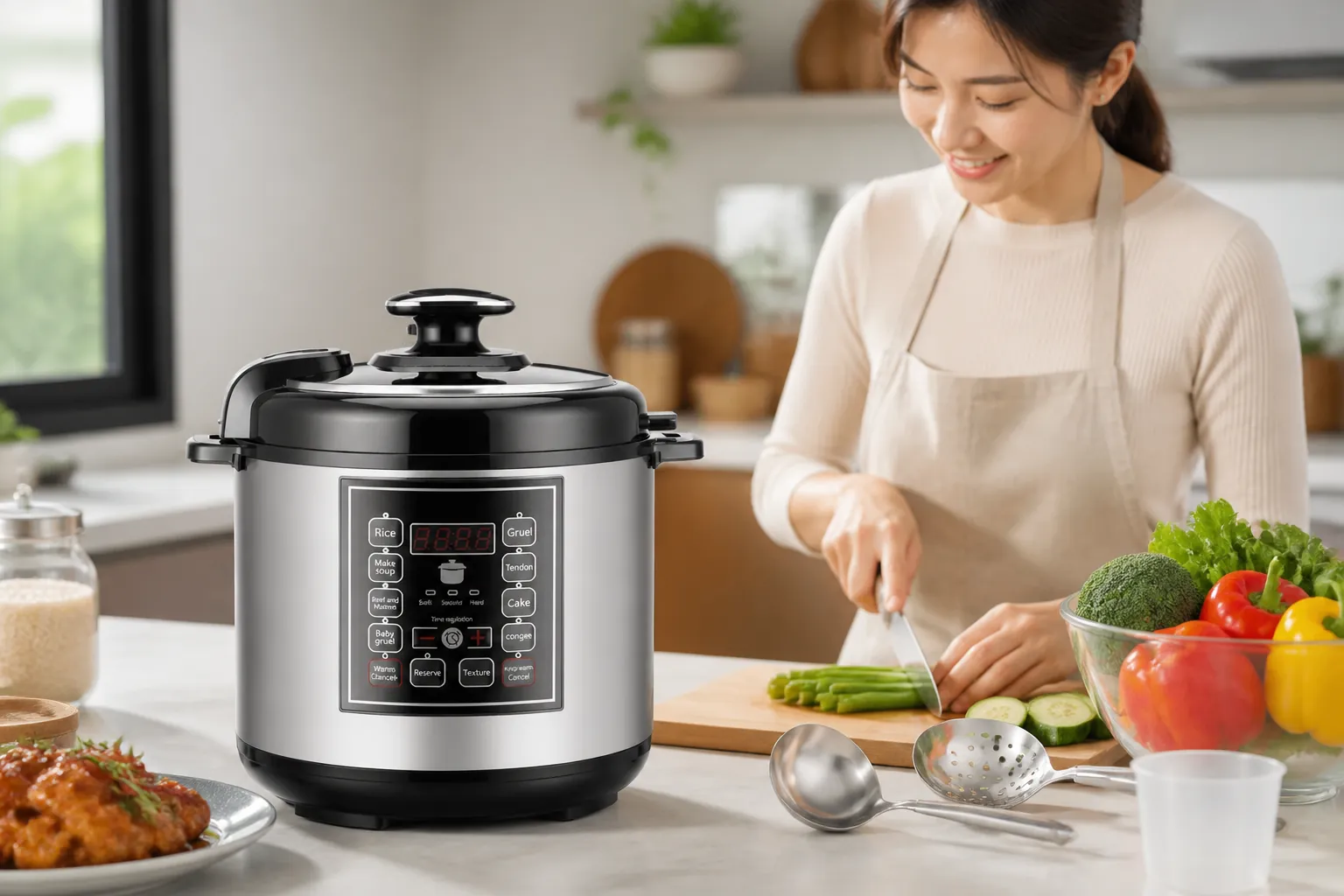 Clean modern kitchen counter with sleek smart pressure cooker displaying green timer, organized ingredients, and happy relaxed home cook