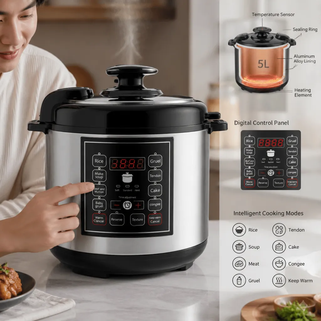 Technical diagram showing the pressure cooker interior with temperature sensors, heating elements, and digital control panel displaying intelligent cooking modes