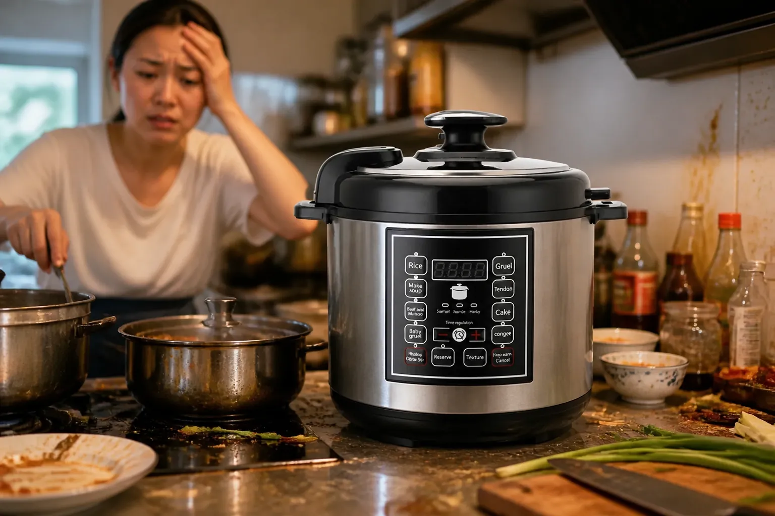 Cluttered kitchen stovetop with multiple pots, splattered oil, burnt灶台with messy preparation area and stressed home cook