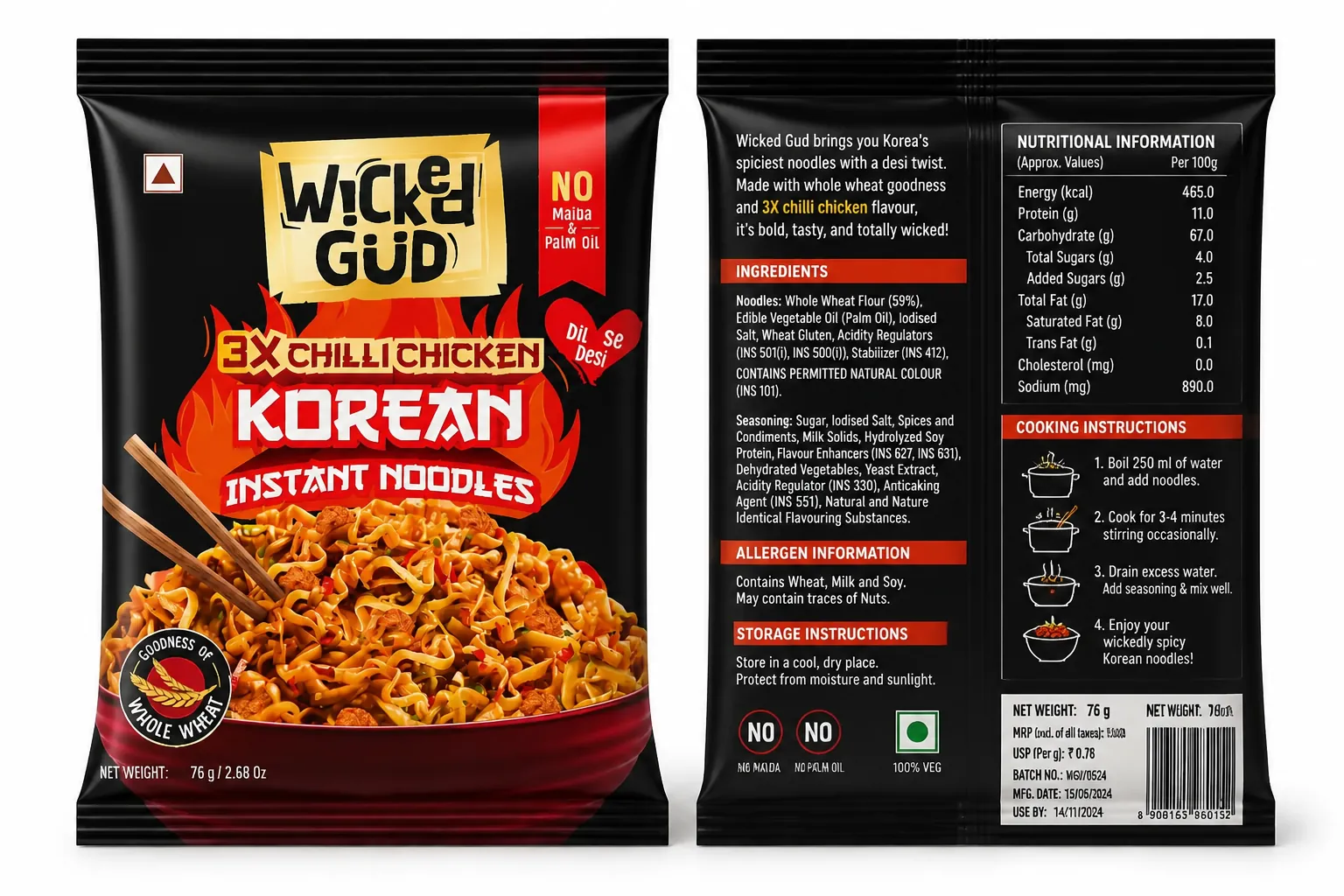 Noodle packet showing the ingredients list with bold Korean branding and nutritional information clearly visible
