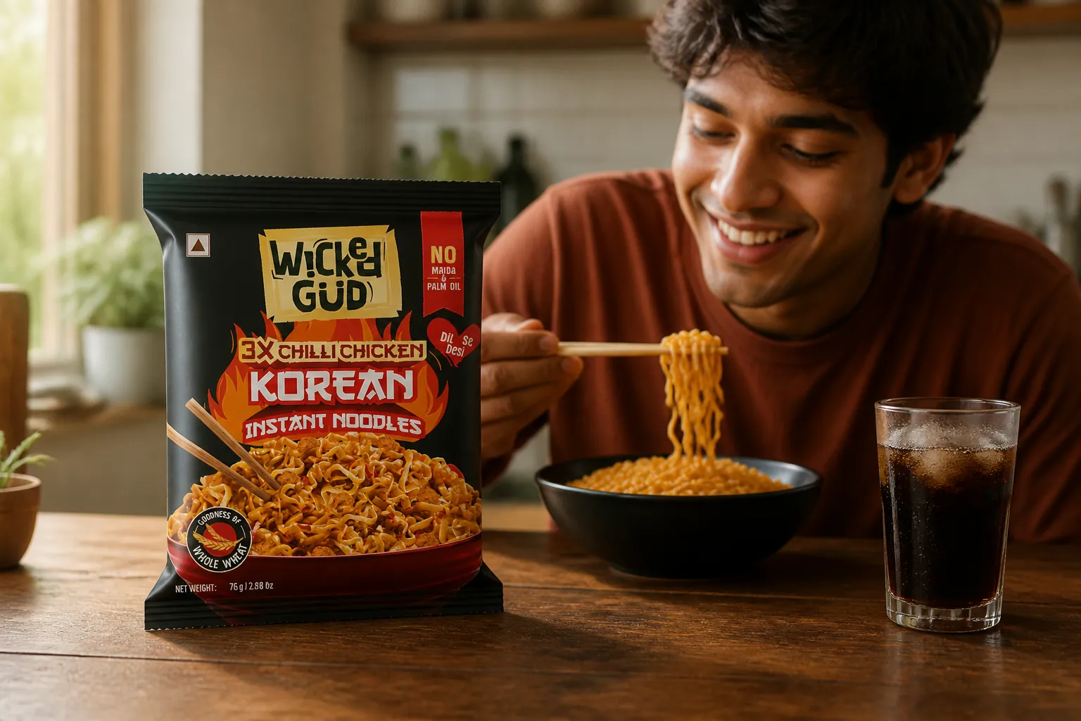 Young Indian person enjoying Korean instant noodles at their kitchen table looking satisfied and happy with a cold drink nearby suggesting a complete meal experience