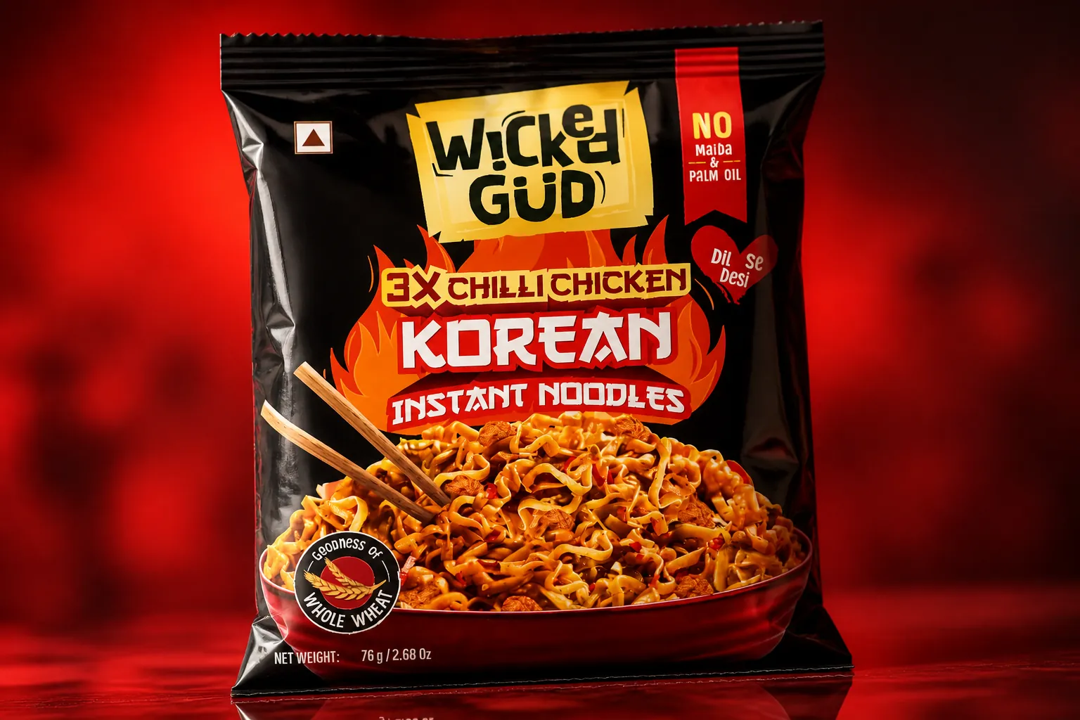 Bold product shot of 3x chilli chicken noodle pack against vibrant red background creating urgency and appetite appeal with dramatic lighting