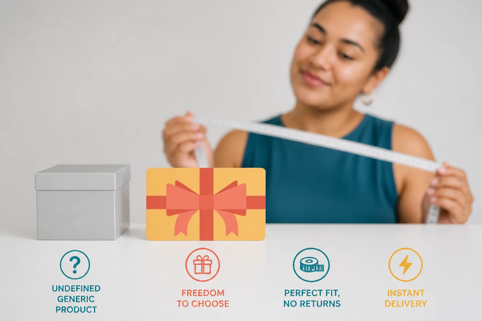 Infographic poster showing four colorful icons representing the key benefits of gift cards: a gift box for freedom to choose, a measuring tape for perfect fit, dollar signs for no returns needed, and a lightning bolt for instant delivery, clean modern design with teal coral and yellow accents