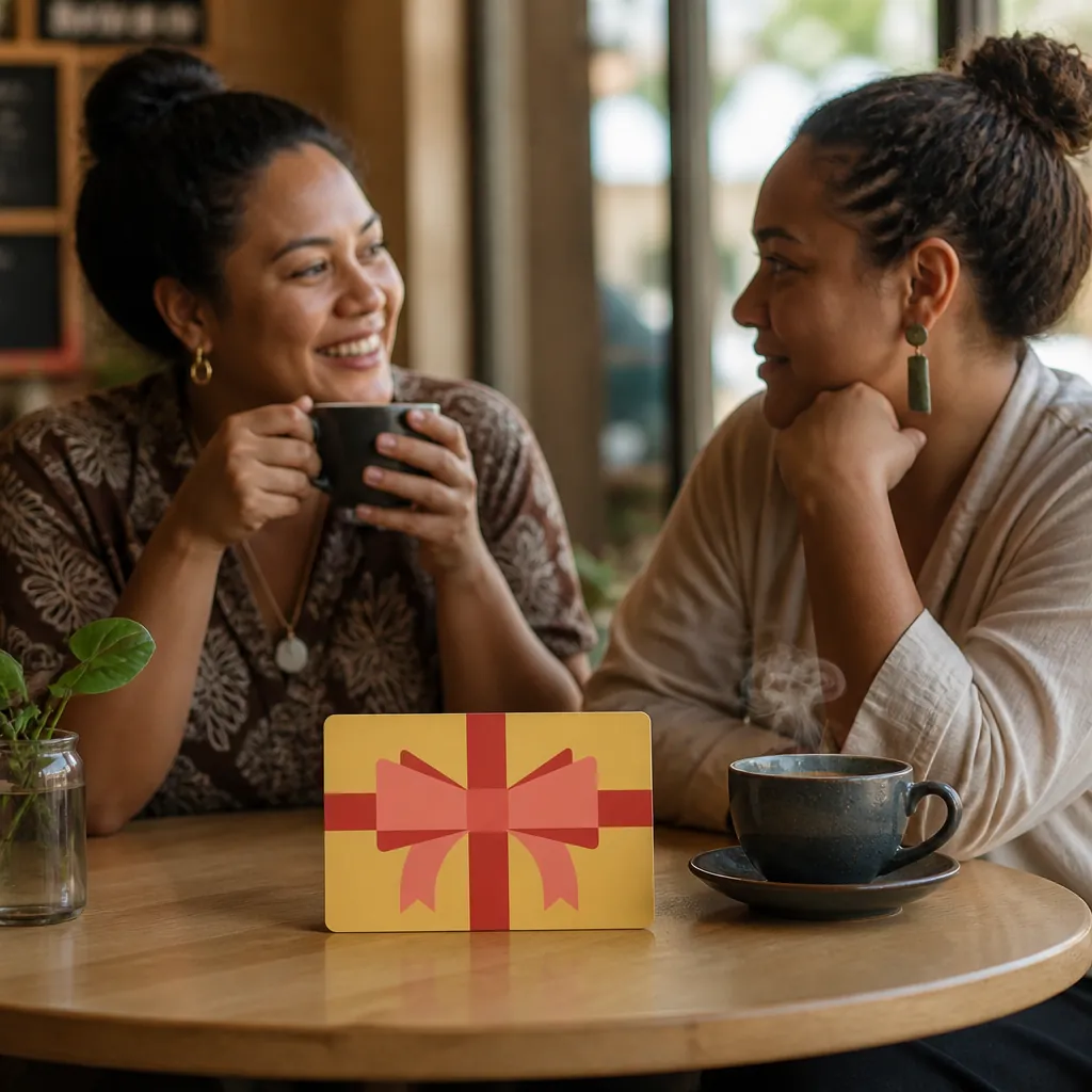Illustration of two women having a friendly conversation over coffee at a cozy cafe, with thought bubbles showing gift options morphing into elegant gift cards, clean friendly art style with warm tones