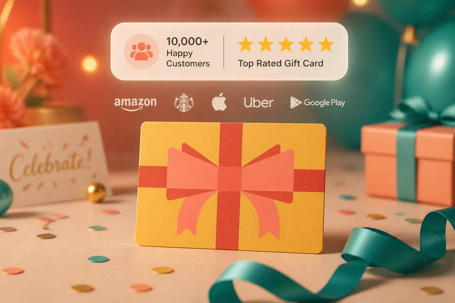 Trust bar showing 10000+ happy customers badge, five-star rating display, and partner logos, warm celebratory design with coral and teal accents