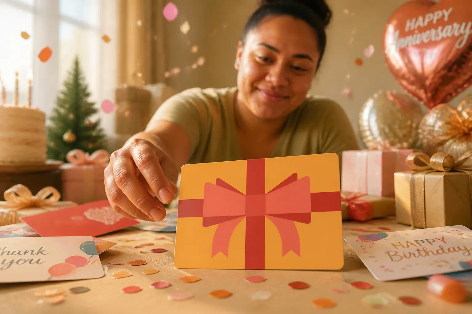 Festive celebratory scene showing colorful confetti falling around beautifully wrapped gift boxes and gift cards, various occasions represented including birthday cake, holiday decorations, anniversary hearts, and thank you balloons, joyful warm atmosphere
