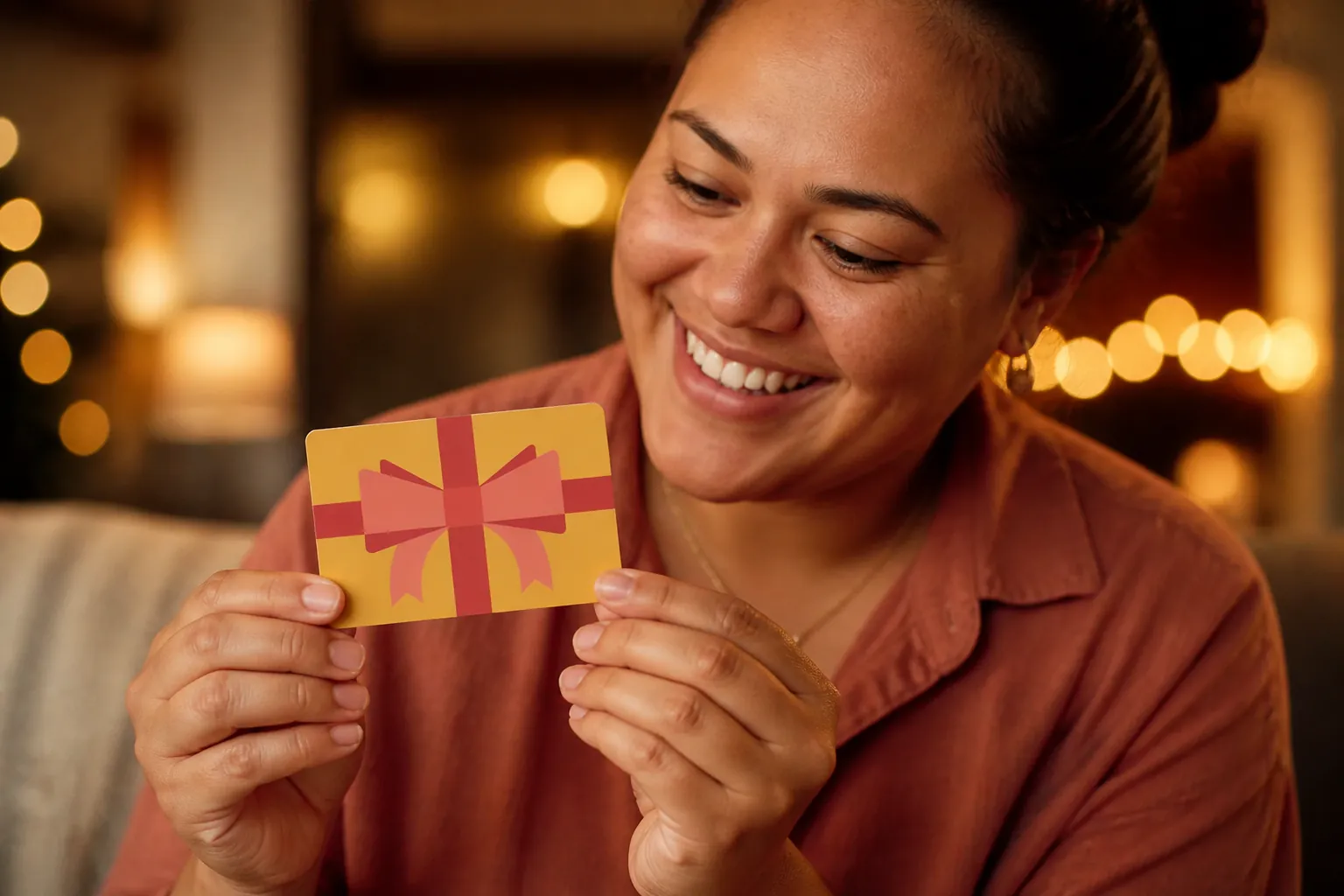 A warmly lit scene showing a happy recipient joyfully holding up their newly chosen gift, surrounded by soft golden glow with the gift card prominently displayed, warm celebratory atmosphere with bokeh lights