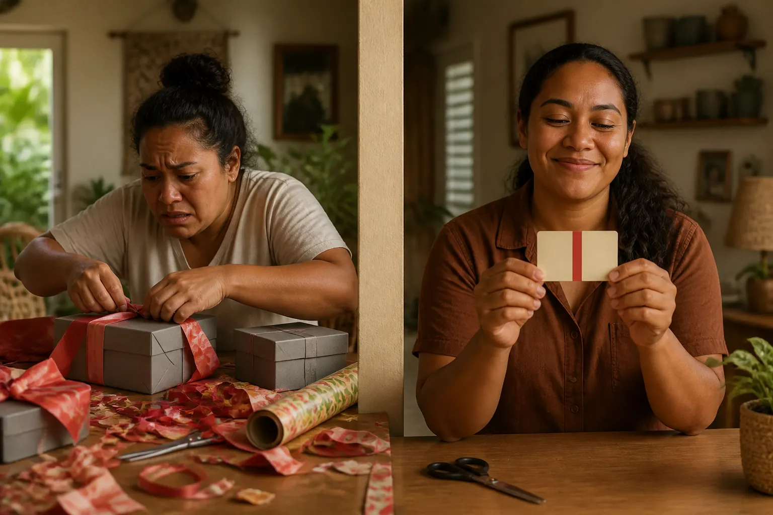 Side-by-side illustration showing a stressed person frantically wrapping multiple gifts with tangled ribbon on the left, transforming into a relaxed happy person confidently holding a single elegant gift card on the right, clean modern design with warm colors