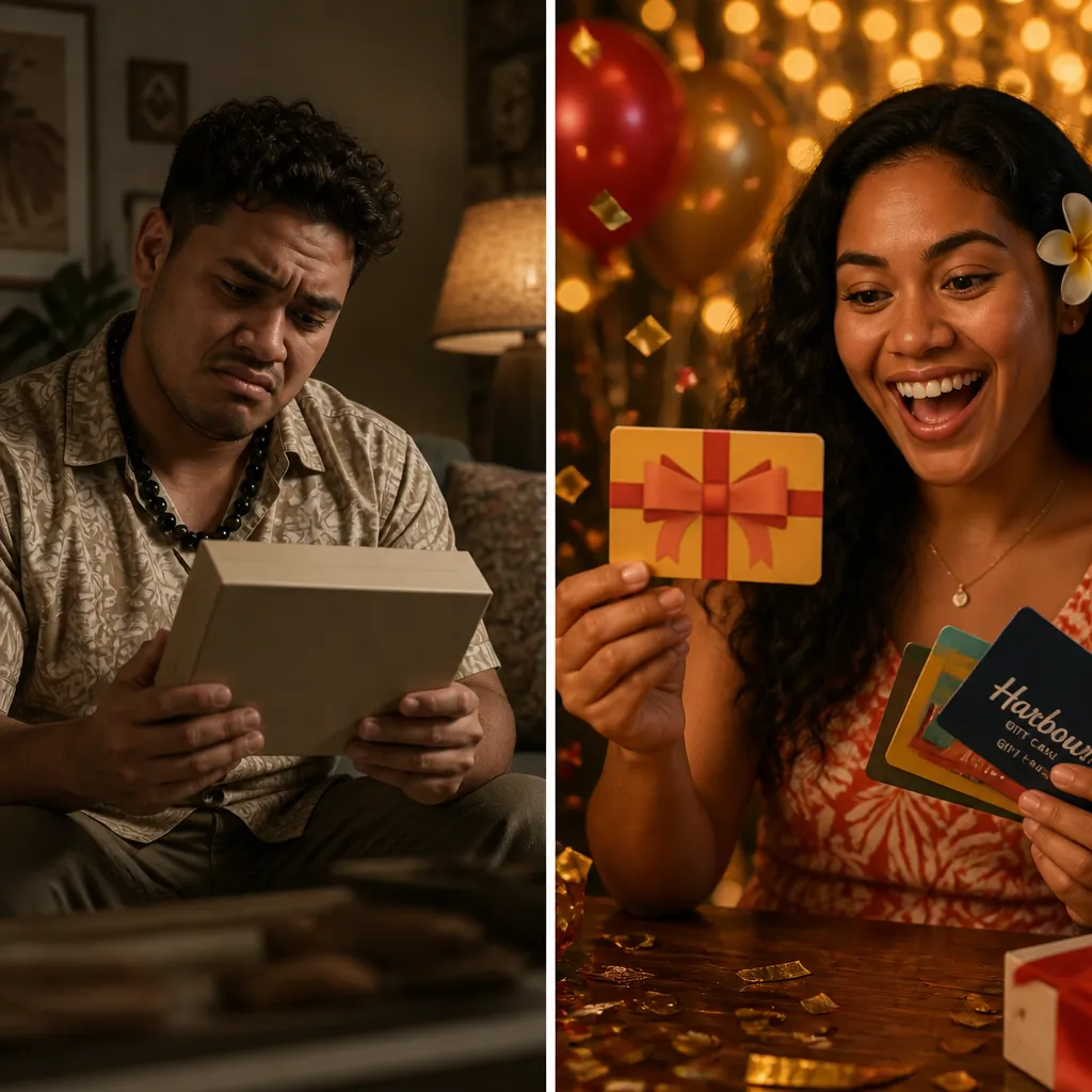 Split-screen comparison showing a confused person with a poorly fitting traditional wrapped gift on the left, and a happy recipient excitedly browsing a gift card collection on the right, warm celebratory lighting with confetti and golden sparkles